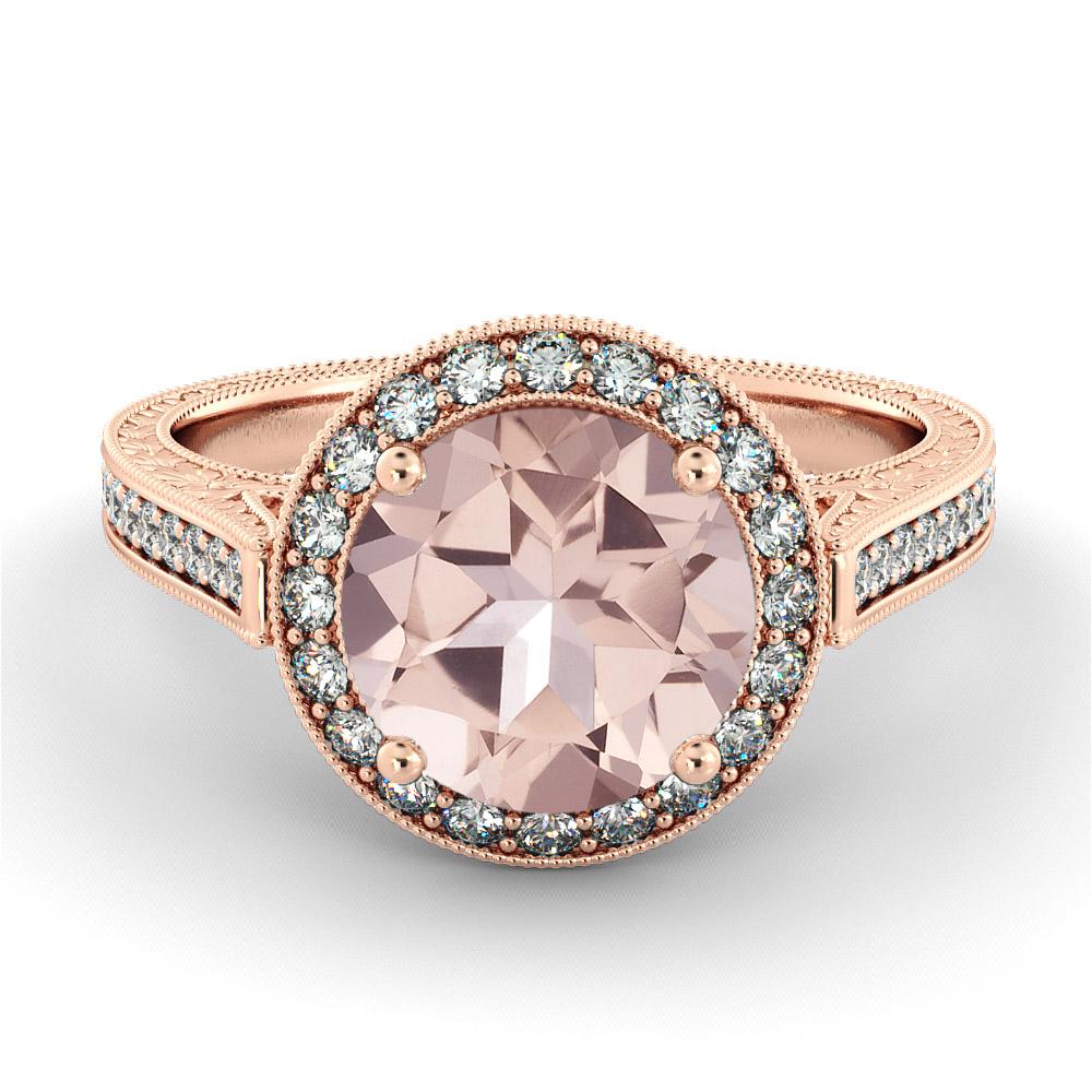 Vintage filigree halo setting ring with beautiful morganite center stone and diamond side stones. Center stone is natural, round shape, 2 carat peach/pink morganite and it is surrounded with 60 natural diamonds.
 
 Main Stone Name: Morganite
 Main