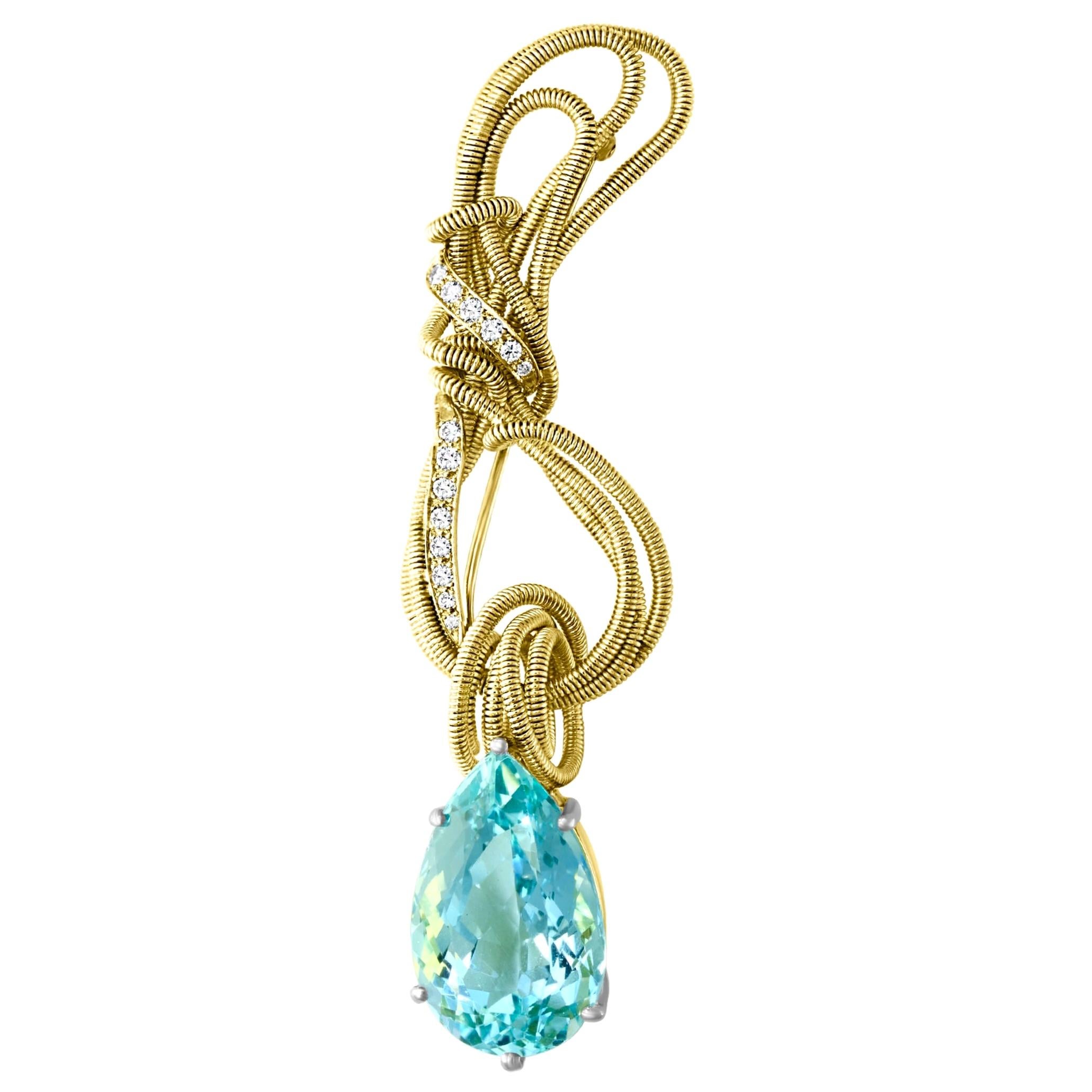 26 Carat Aquamarine and Diamond Pendant /Pin in 18 Karat Yellow Gold Gloria Bass