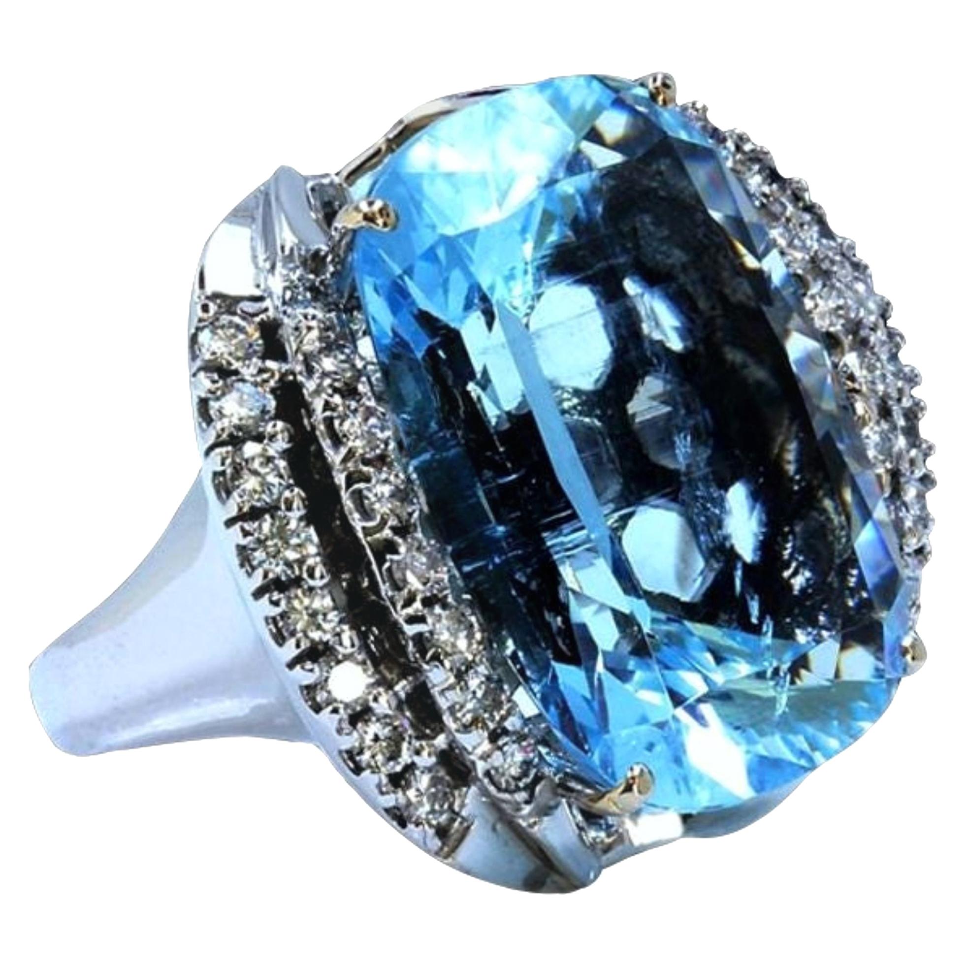 26 Carat Aquamarine Diamond Ring 14 Karat White Gold For Sale