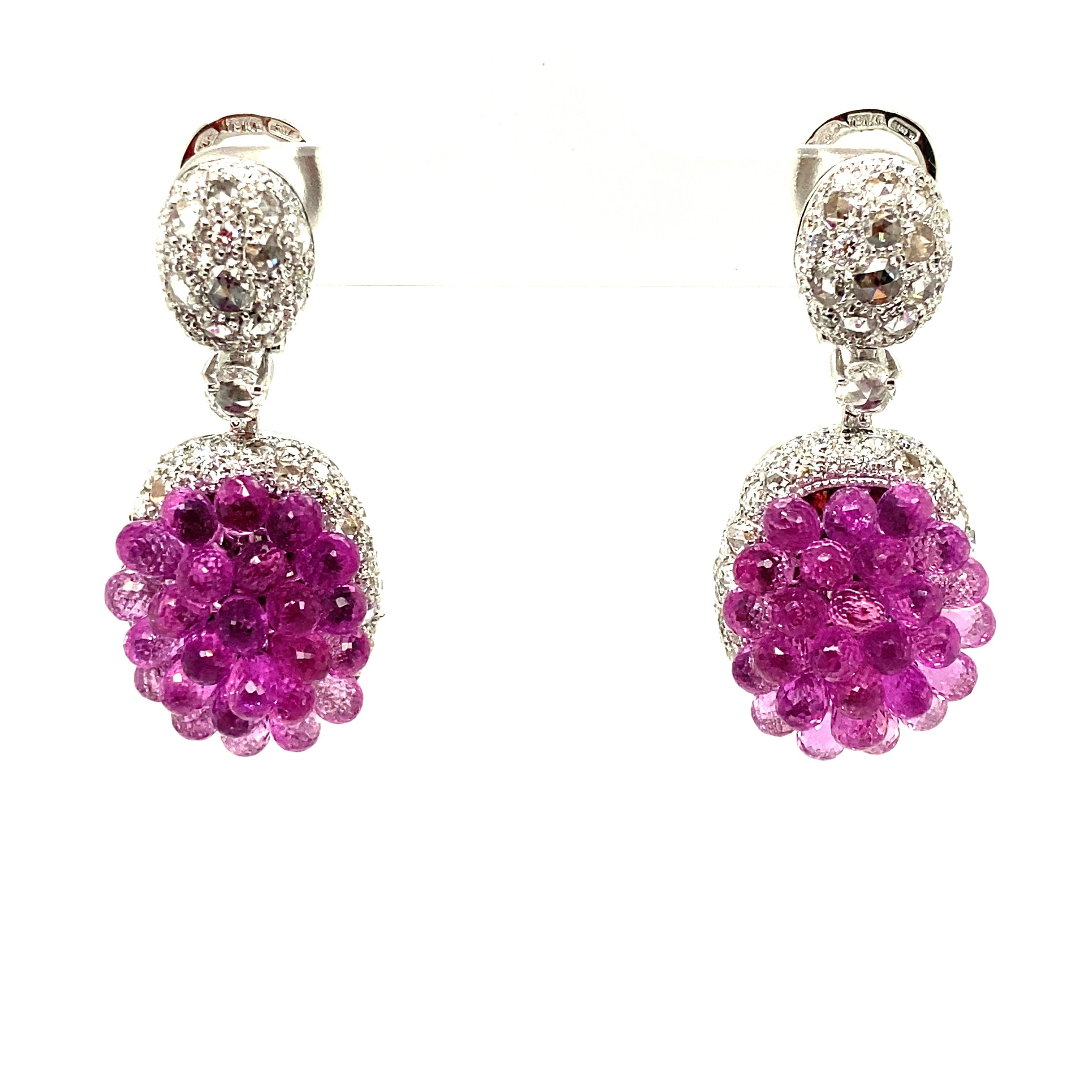 Modern 26 Carat Briolette-Cut Pink Sapphires and White Diamond Gold Dangle Earrings For Sale
