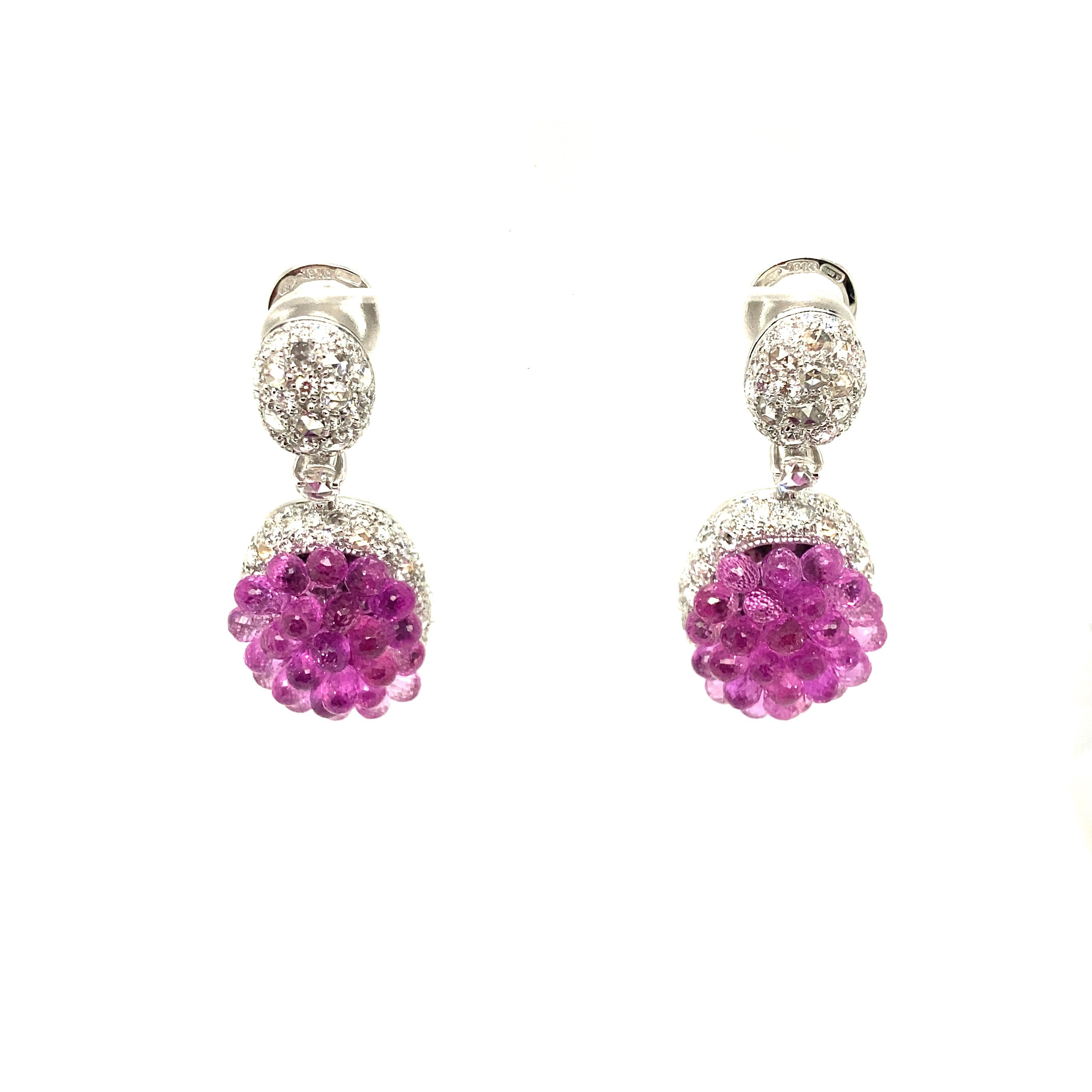 Briolette Cut 26 Carat Briolette-Cut Pink Sapphires and White Diamond Gold Dangle Earrings For Sale