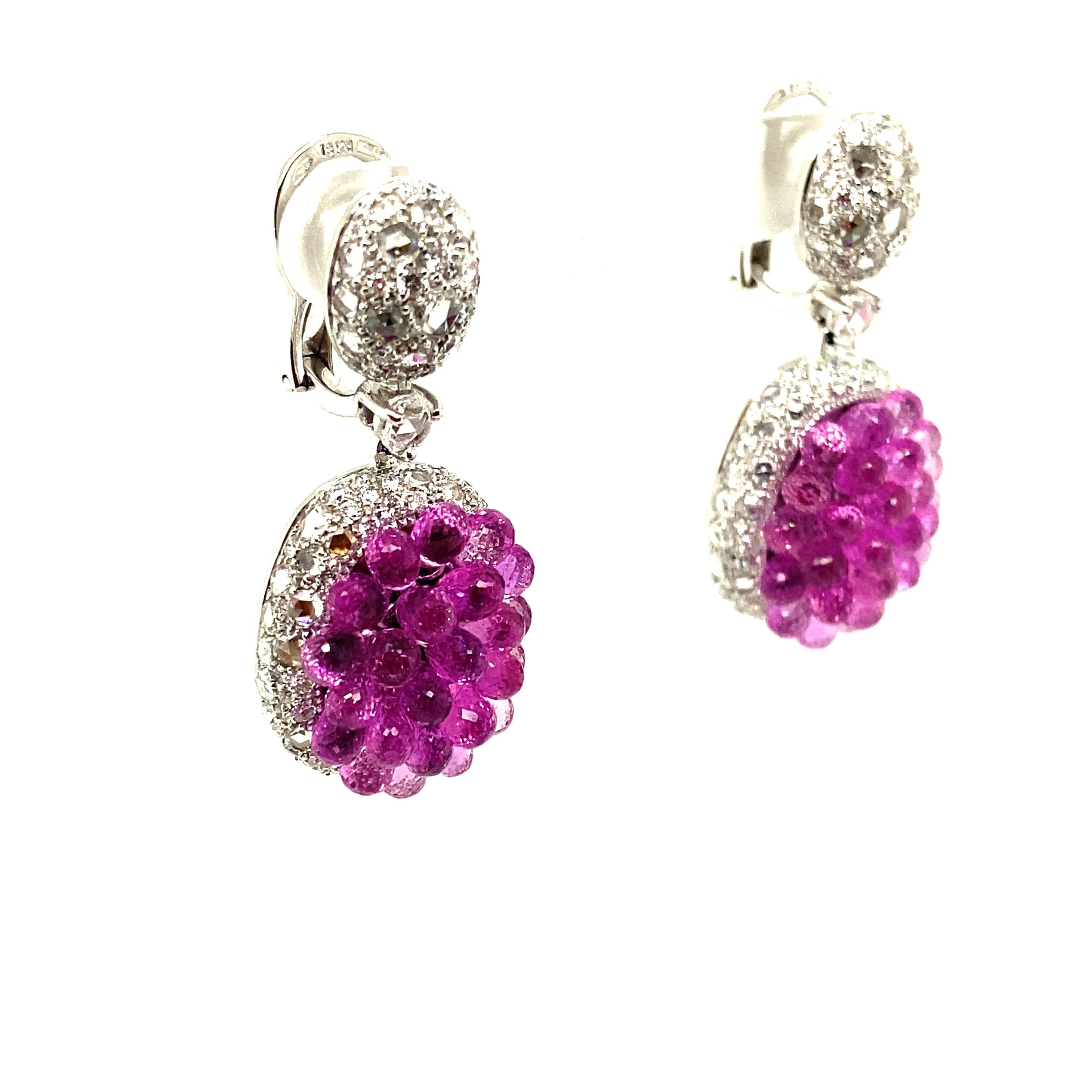 Women's or Men's 26 Carat Briolette-Cut Pink Sapphires and White Diamond Gold Dangle Earrings For Sale