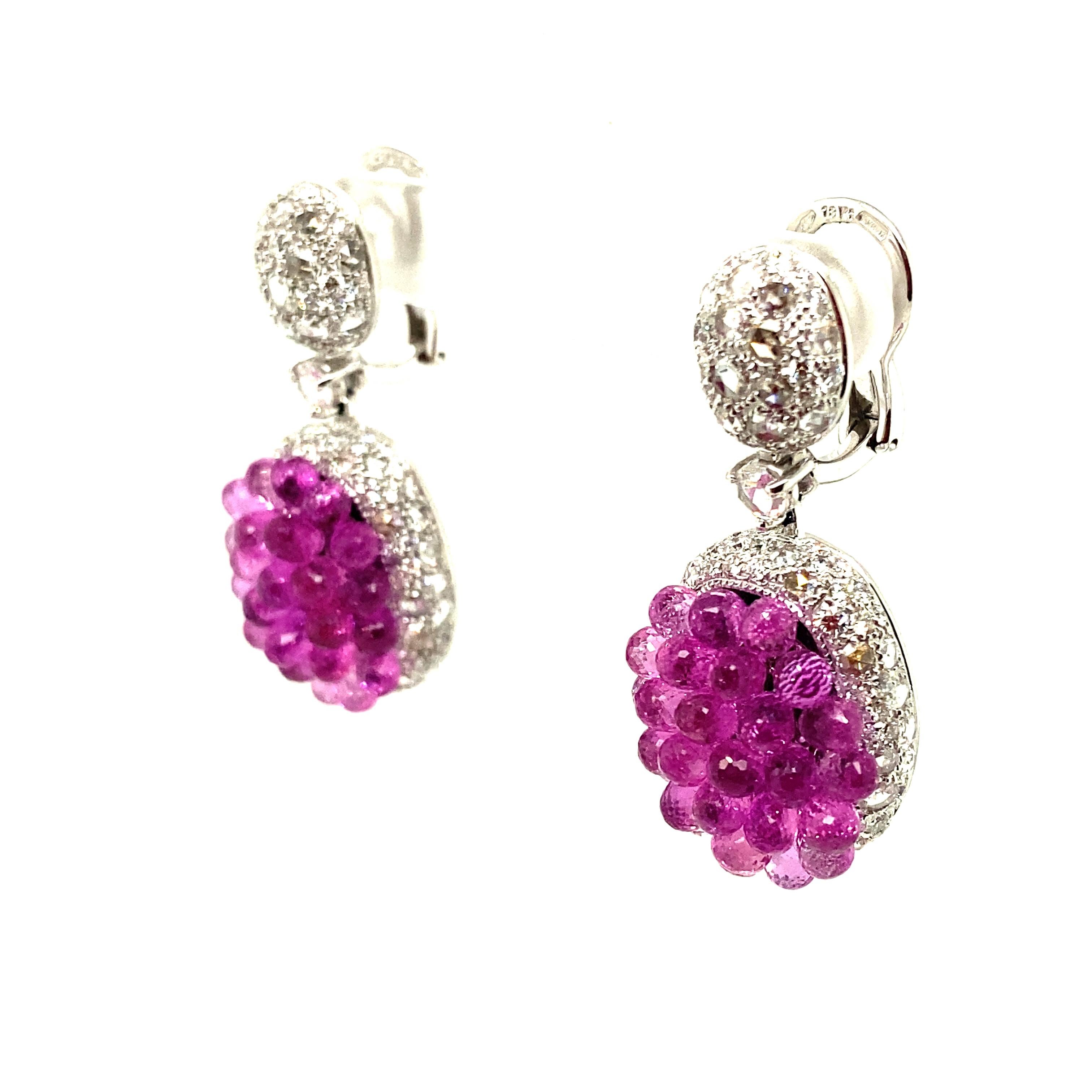 26 Carat Briolette-Cut Pink Sapphires and White Diamond Gold Dangle Earrings For Sale 2