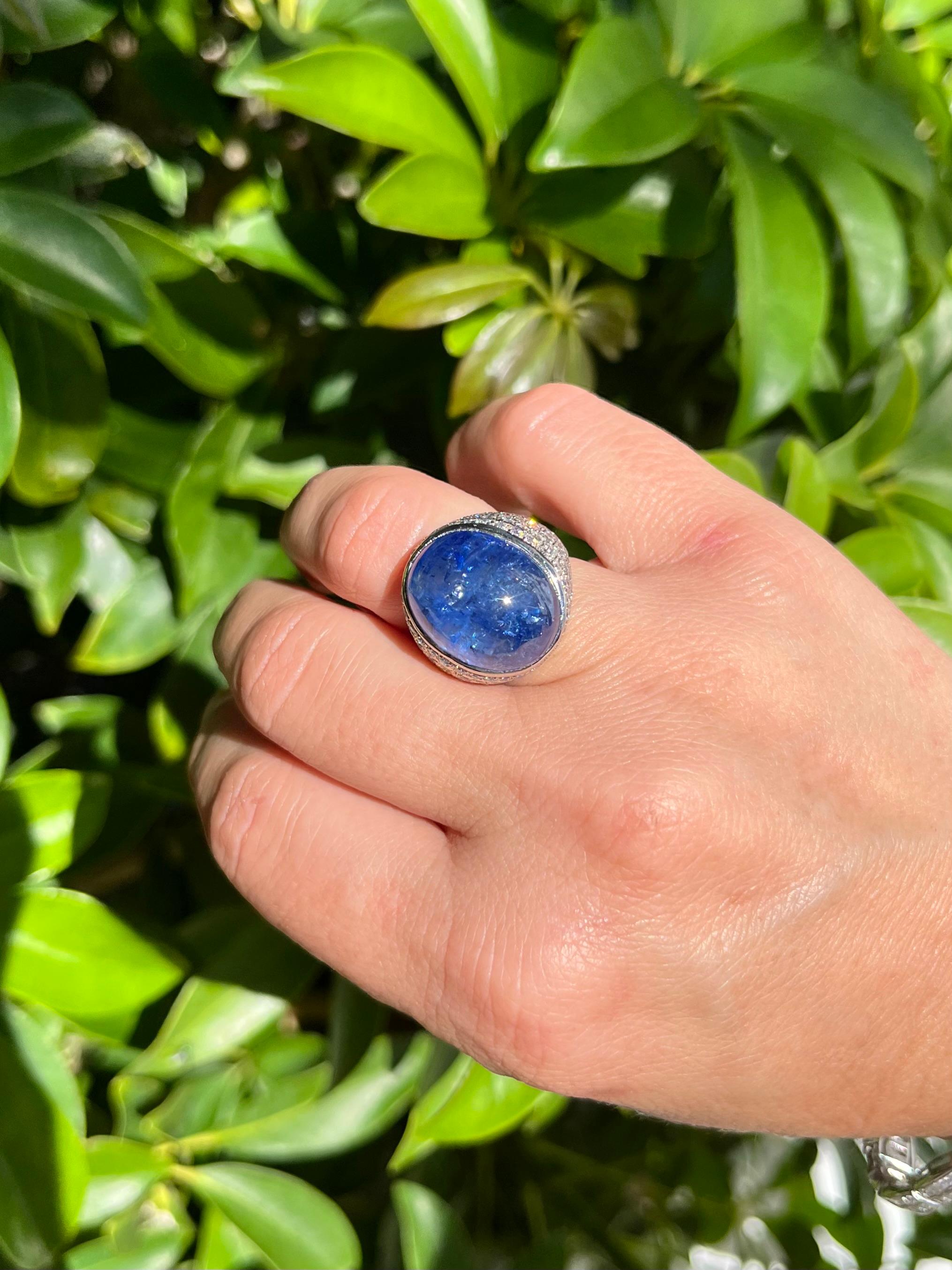 GIA Certified 26 Carat No Heat Cabochon Blue Sapphire and Diamond Cluster Ring In Excellent Condition In Miami, FL