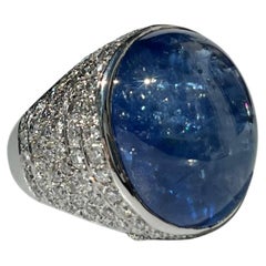 26 Carat Cabochon Blue Sapphire and Diamond Cluster Cocktail Ring