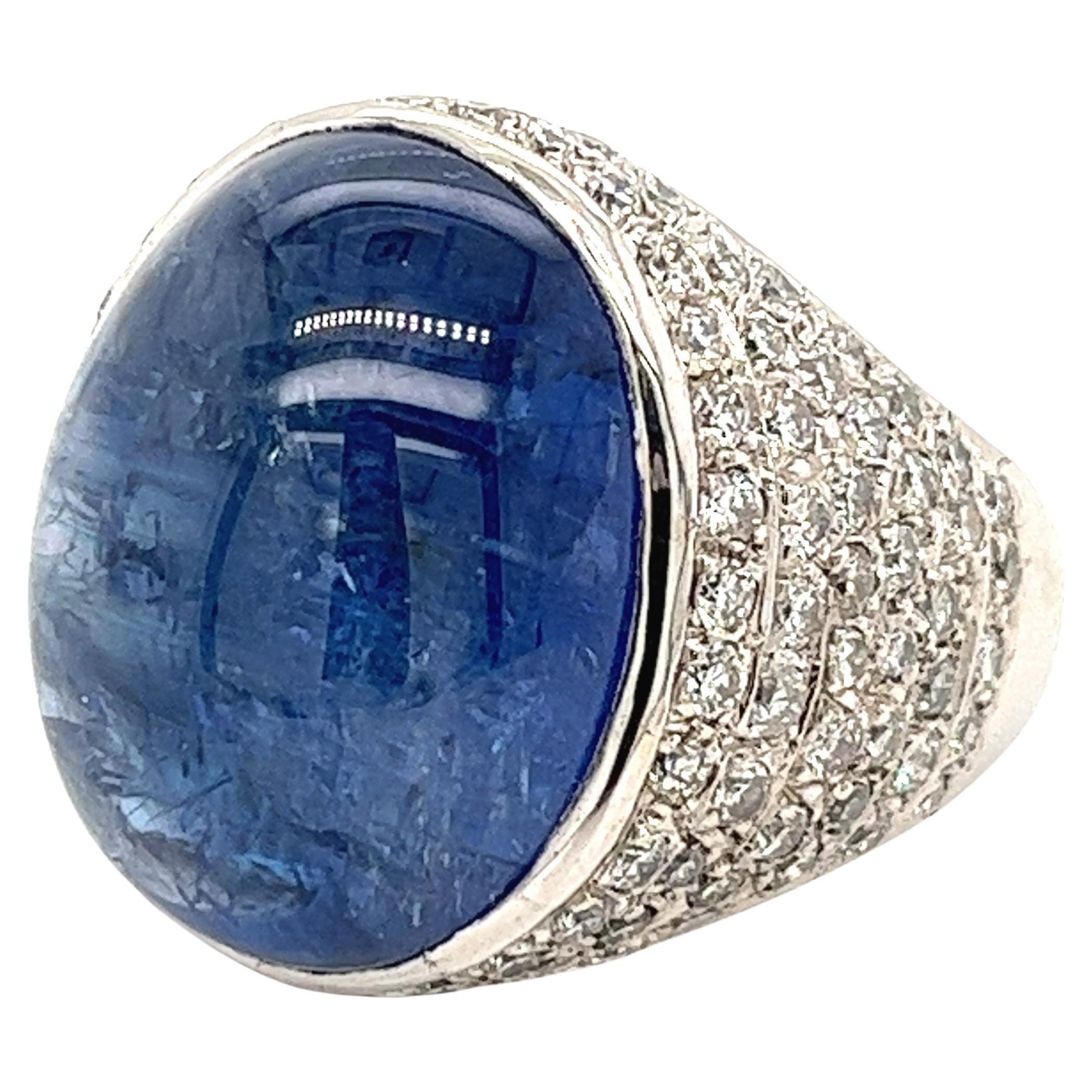 GIA Certified 26 Carat Cabochon Blue Sapphire and Diamond Cluster Cocktail  Ring