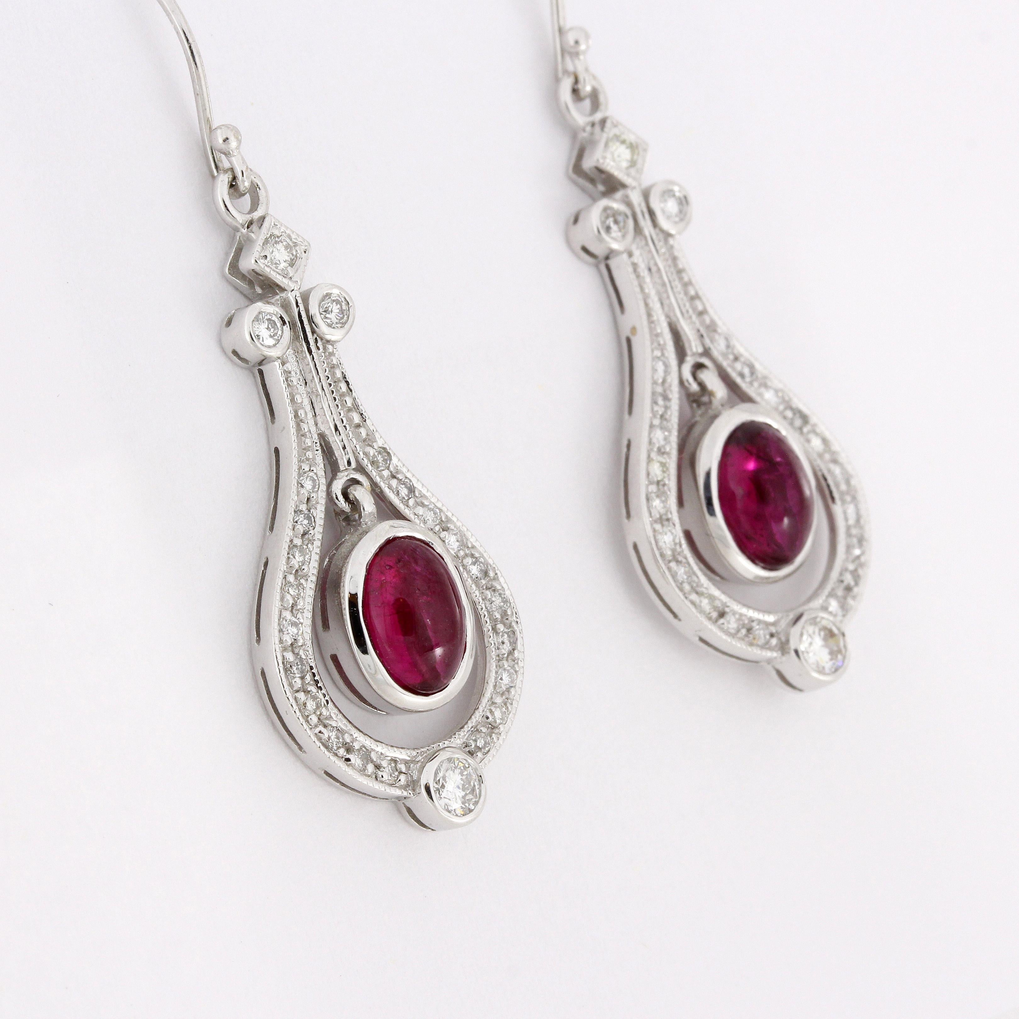 Contemporary 2.6 Carat Cabochon Ruby Diamond Drop Earrings For Sale