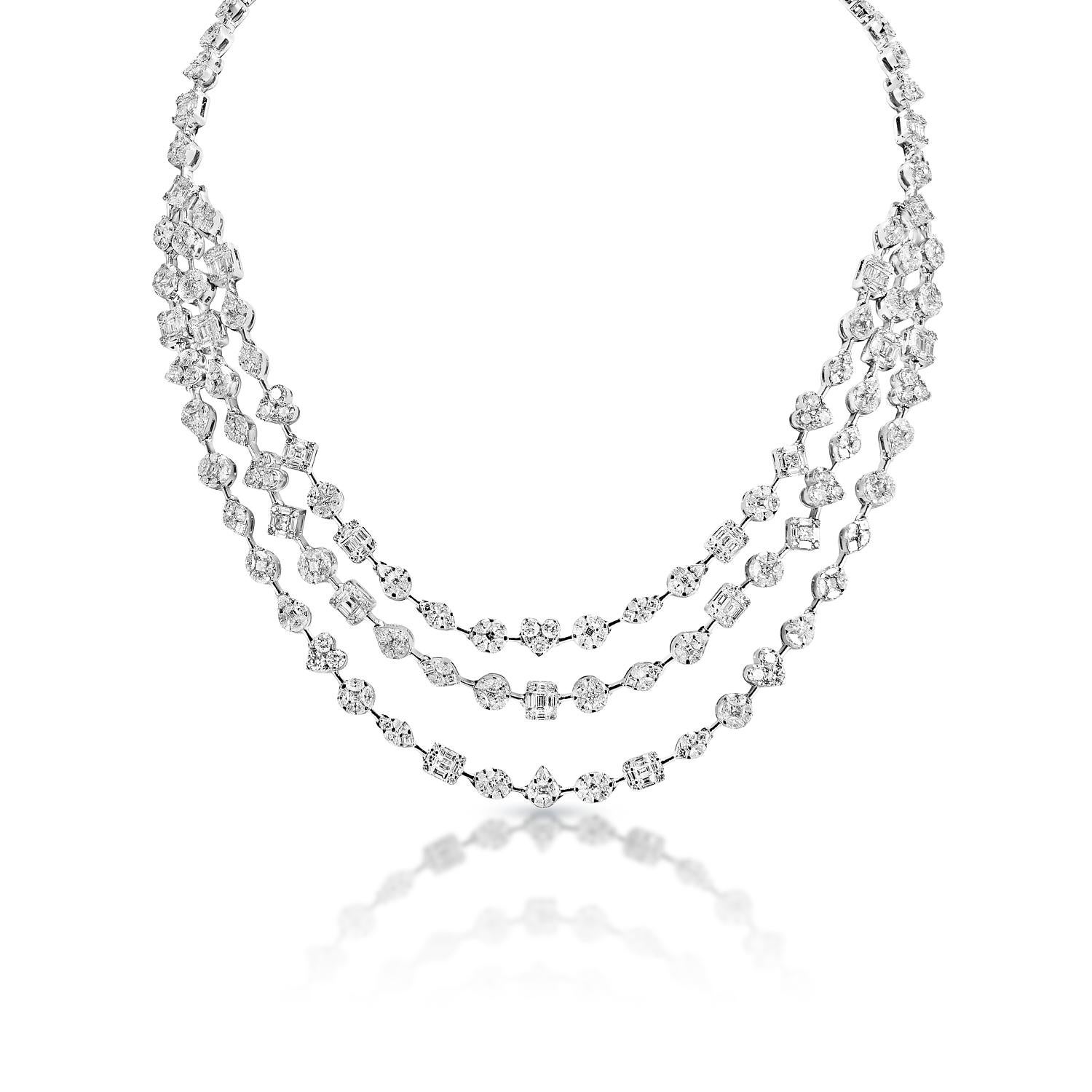 Diamond Multi-Strand Necklace:

Carat Weight: 25.86 Carats
Style: Combine Mix Shape
Chains: 14 Karat White Gold 66.60 grams