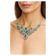 26 Carat Diamond & Emerald 18K White Gold Vintage Statement Necklace