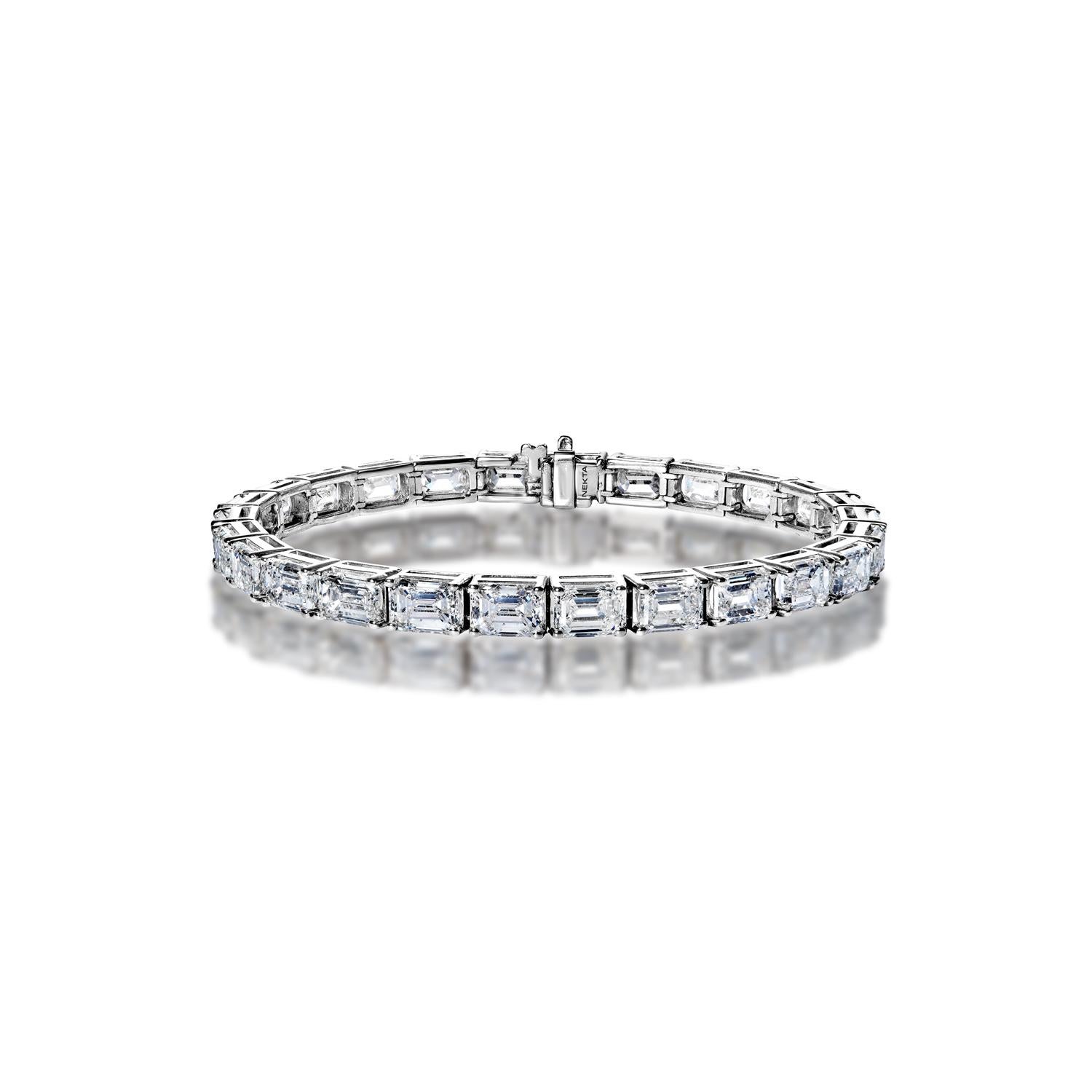 The EVERT Emerald Cut InLine 4 prong Set Diamond Tennis Bracelet features twenty six 1 carat diamonds weighing a total of approximately 26 carats, set in the metal of your choice.  This Bracelet can be costumed made in the  the metal and diamond