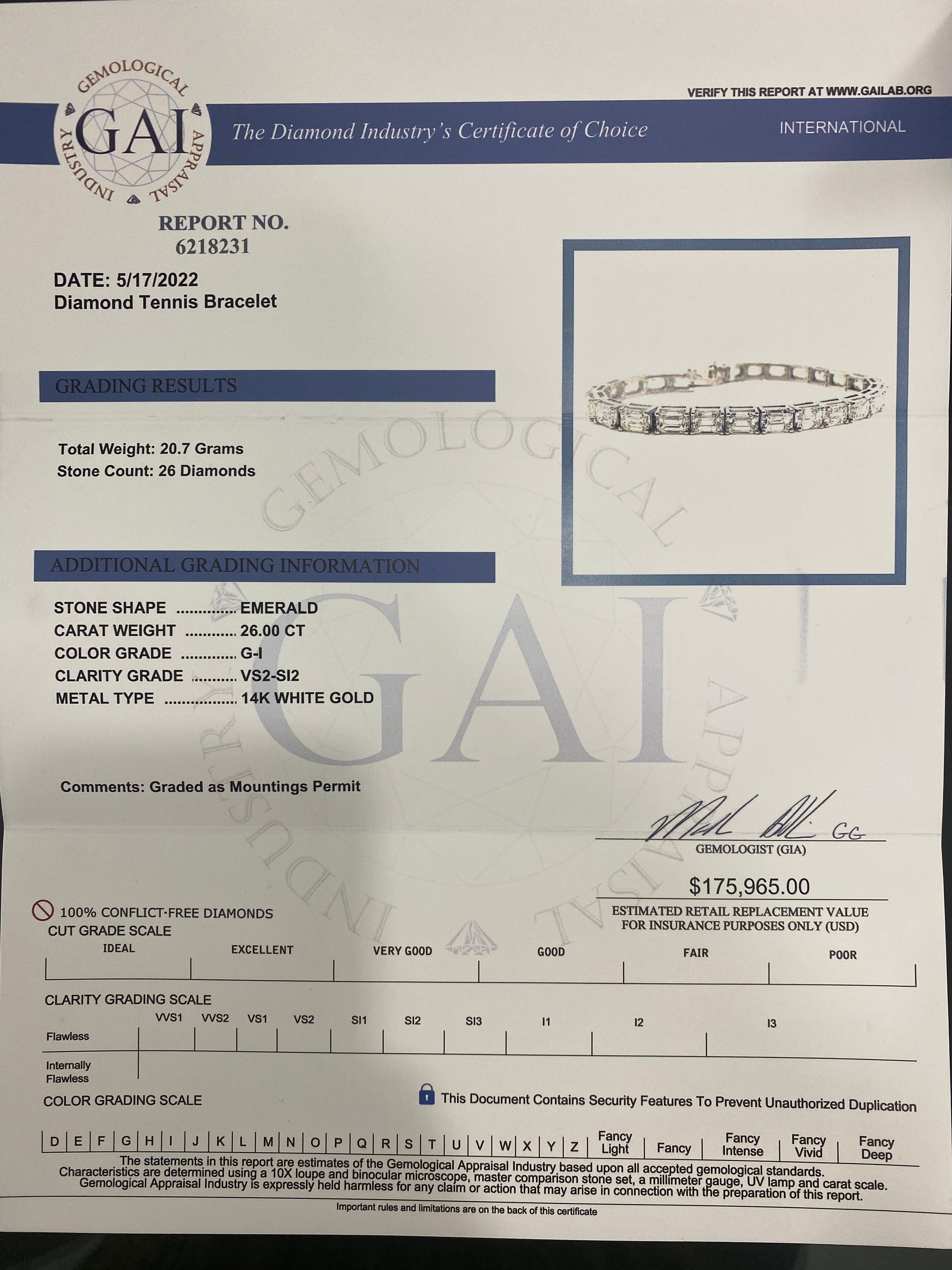 Bracelet tennis avec diamants taille émeraude de 26 carats certifiés Neuf - En vente à New York, NY