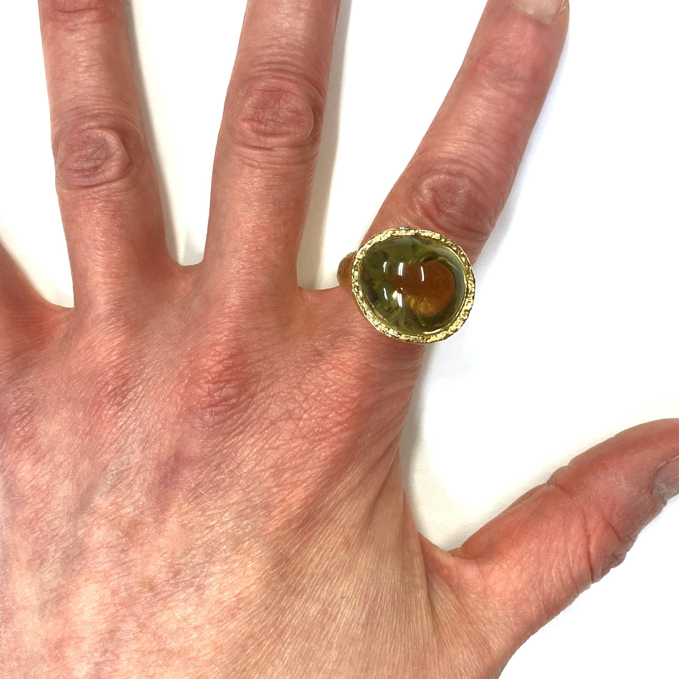 Women's or Men's 26 Carat Lemon Citrine Cabochon in Textured 18 Karat Gold Ring w Diamond Accent For Sale