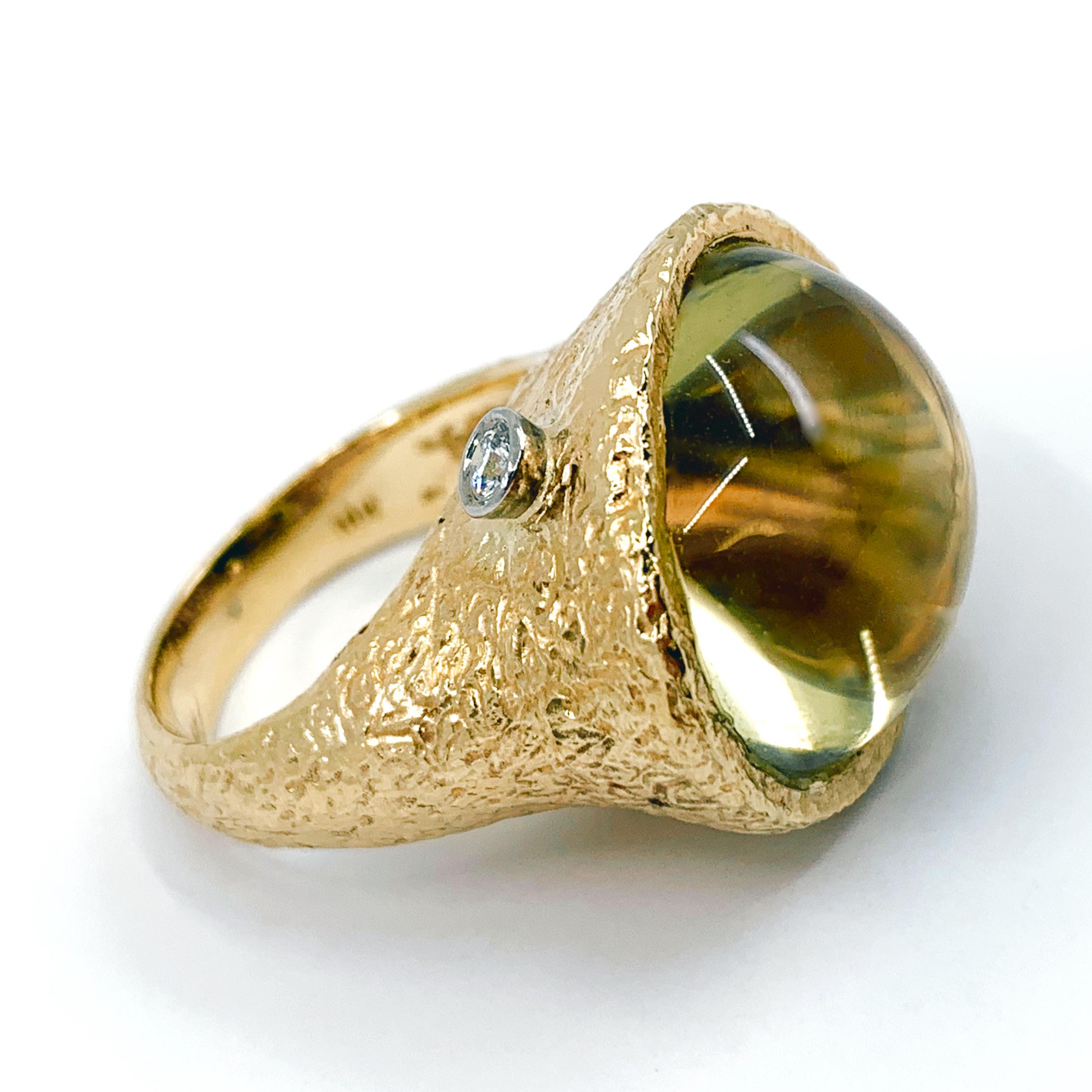 26 Carat Lemon Citrine Cabochon in Textured 18 Karat Gold Ring w Diamond Accent For Sale