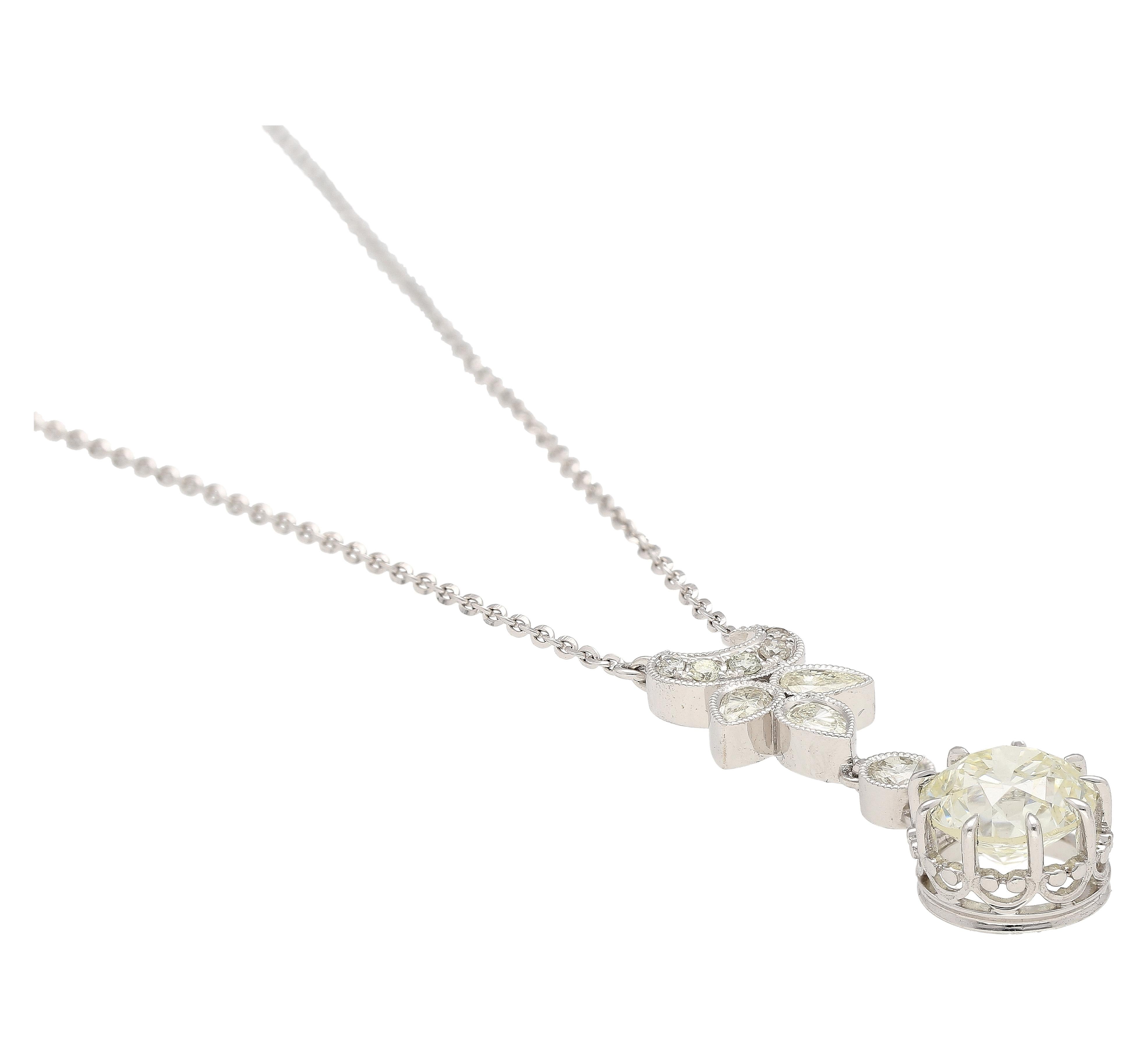 Women's 2.60 Carat Old European Cut Diamond Antique Style Pendant Drop Necklace For Sale