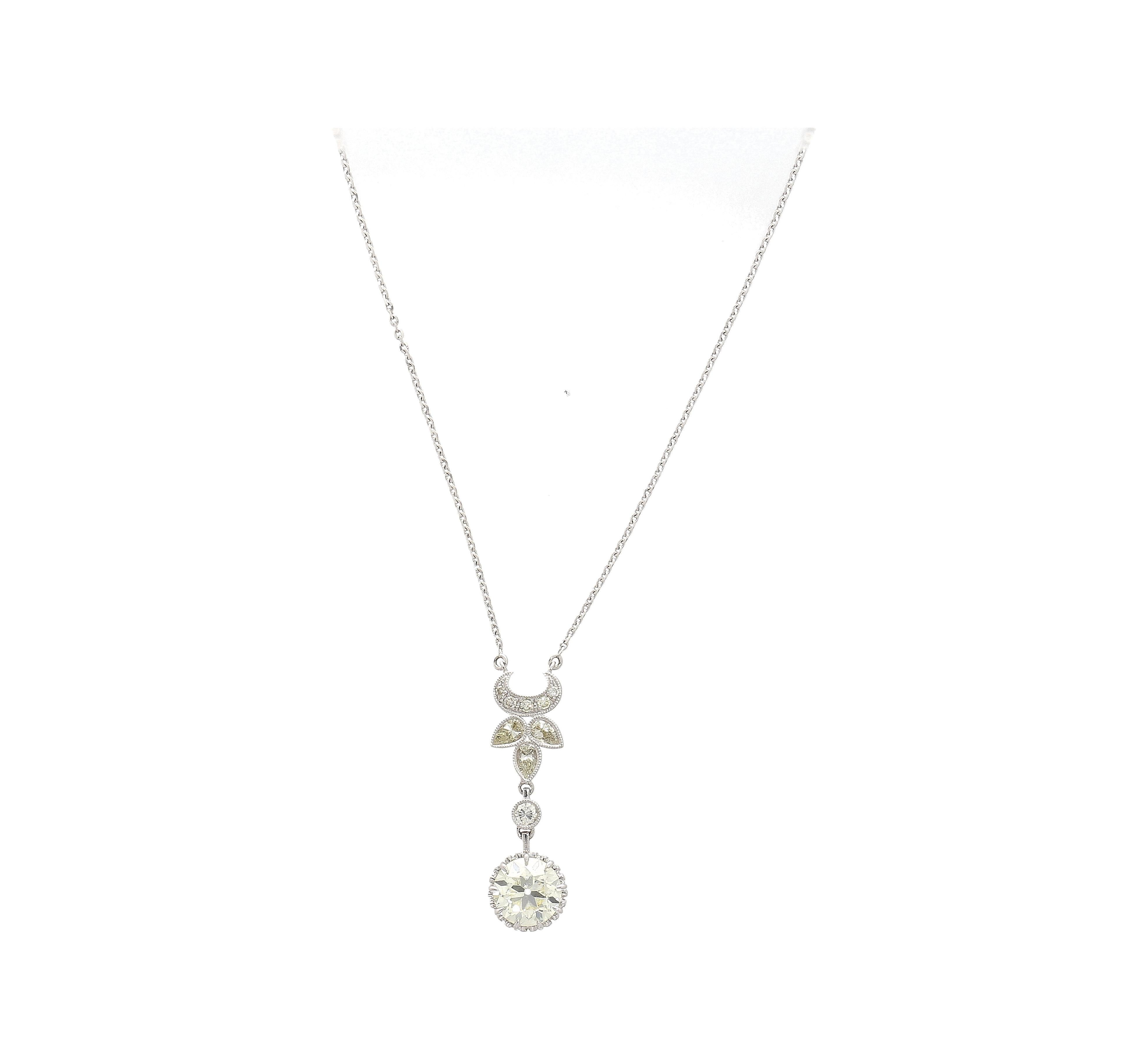 2.60 Carat Old European Cut Diamond Antique Style Pendant Drop Necklace For Sale 1