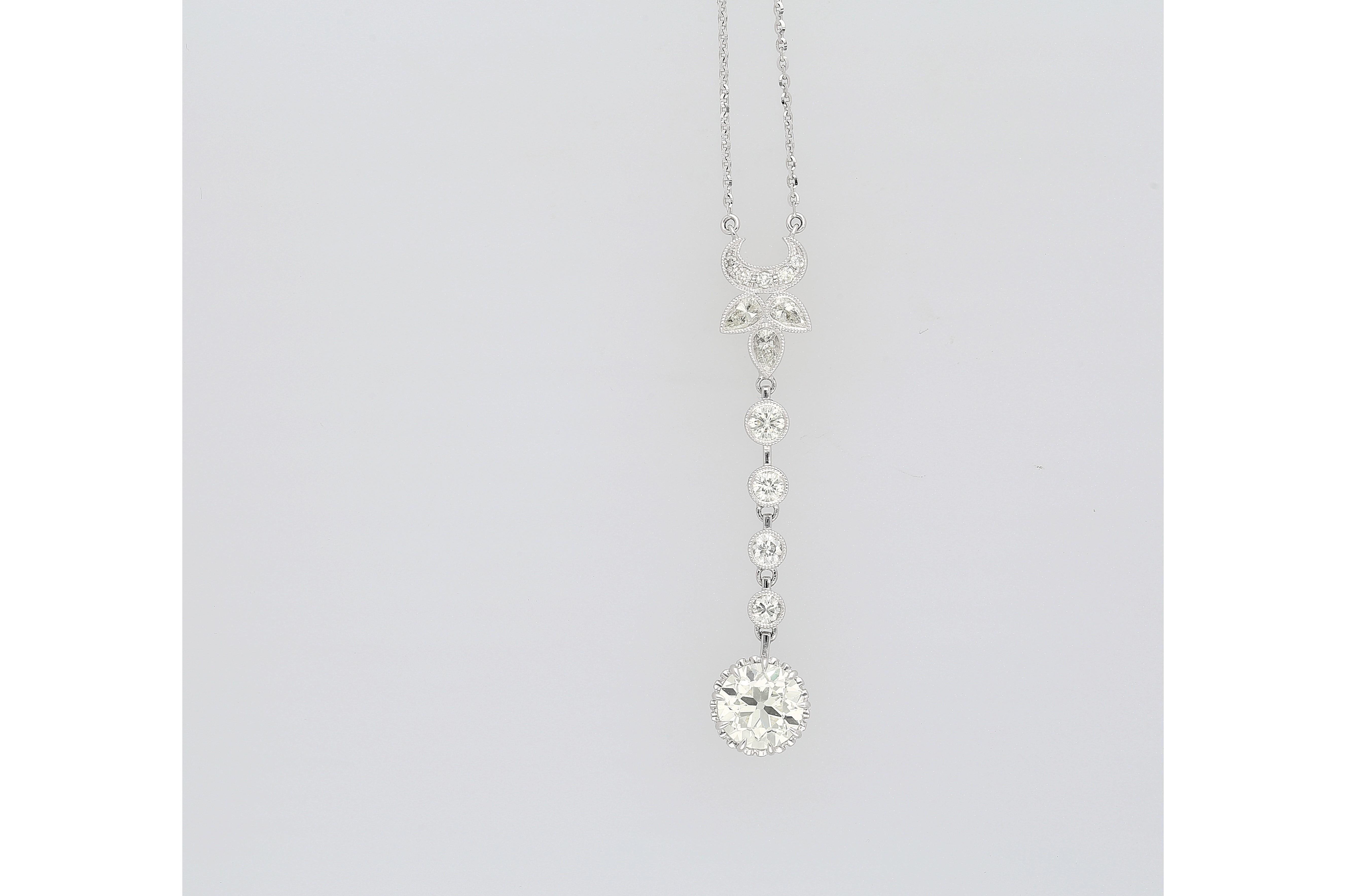 2.60 Carat Old European Cut Diamond Antique Style Pendant Drop Necklace For Sale 2
