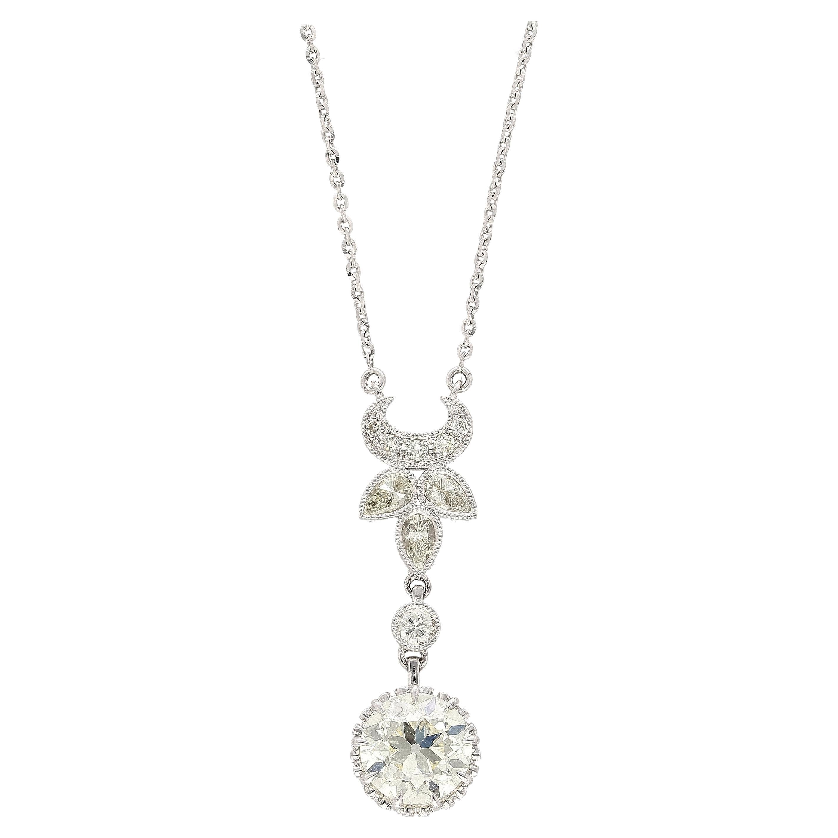 2.60 Carat Old European Cut Diamond Antique Style Pendant Drop Necklace