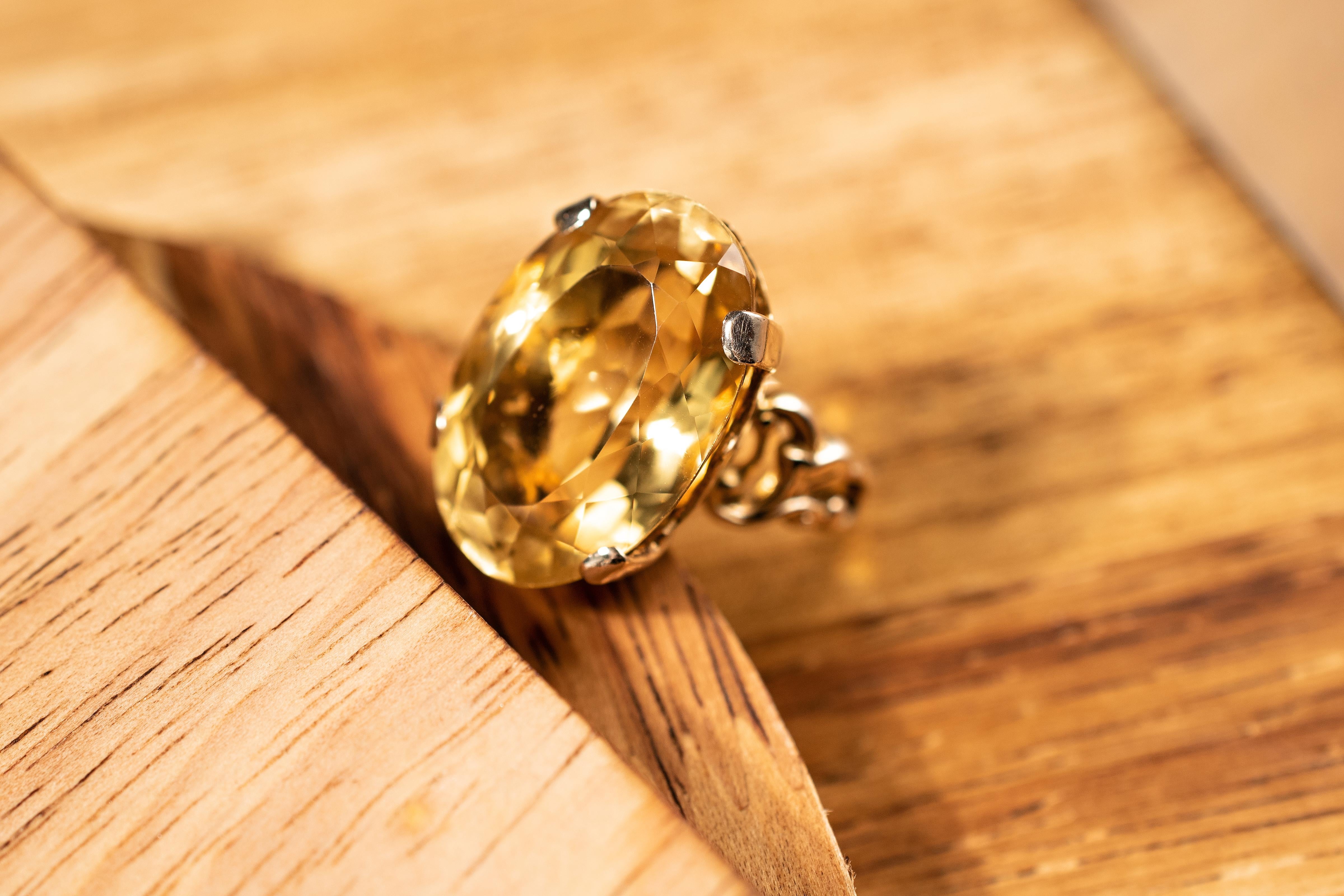 26 Carat Oval Yellow Citrine Ring, Vintage 10k Gold 9