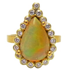 2.6 Carat Ethiopian Opal 22k Gold Diamond Halo Cocktail Ring