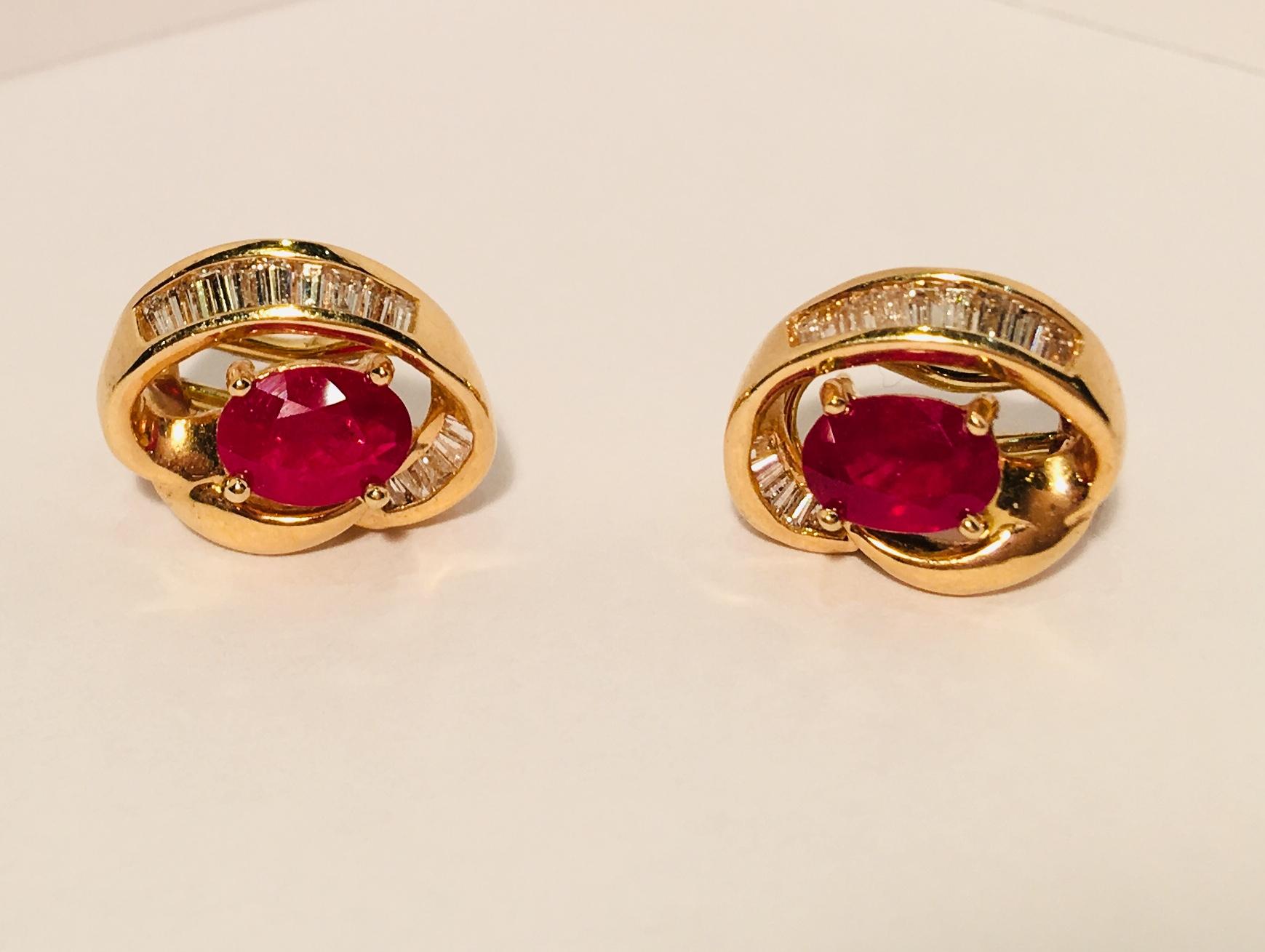 2.6 Carat Pigeon Blood Ruby and Baguette Diamond 14 Karat Yellow Gold Earrings In Excellent Condition In Tustin, CA