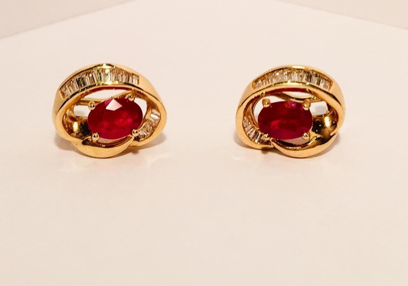 Women's 2.6 Carat Pigeon Blood Ruby and Baguette Diamond 14 Karat Yellow Gold Earrings