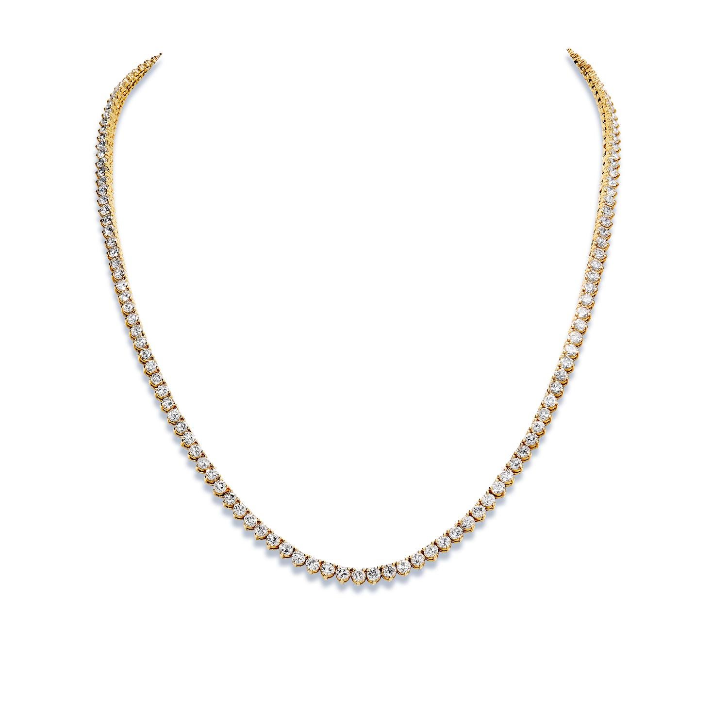 Earth Mined Diamond:
Carat Weight: 26.17 Carats
Number of Diamonds 179
Style: Round Brilliant Cut
Setting: 3 Round Prong
Chains: 14 Karat Yellow Gold 49.00 grams
Measurements: 26.5 Inches