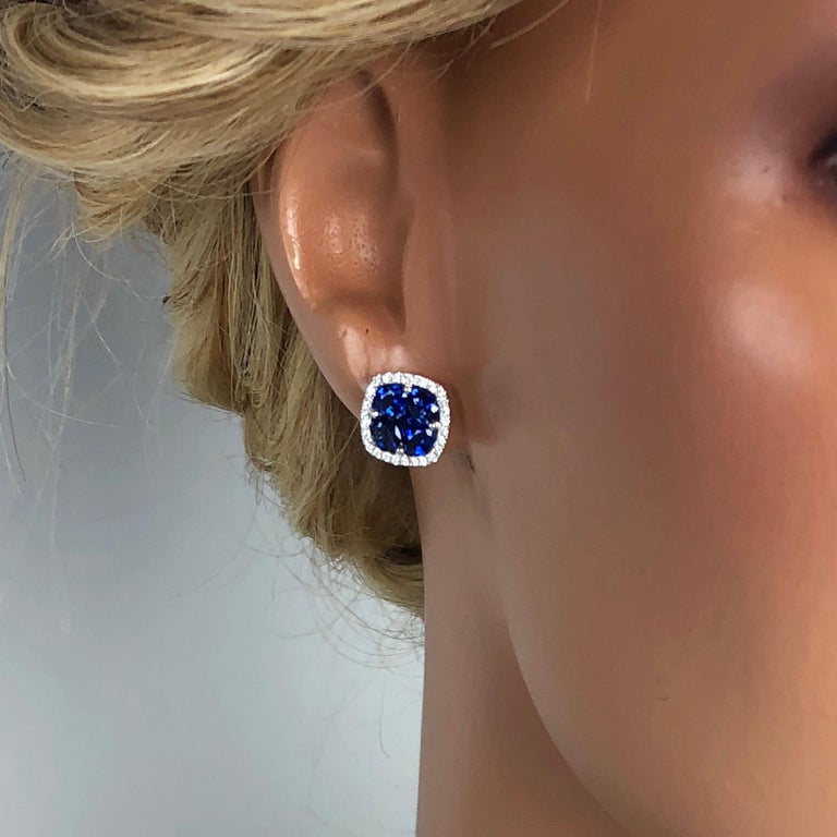 Mixed Cut 2.6 Carat Sapphire and 0.21 Carat Diamond Stud Earrings in 18 Karat White Gold For Sale