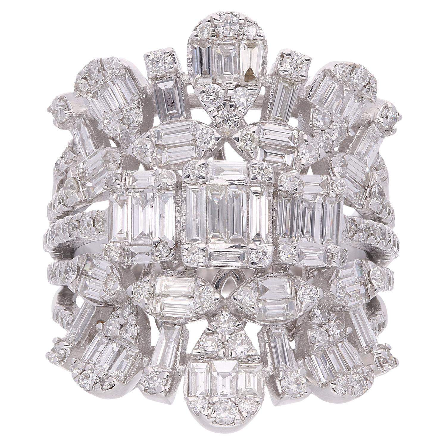 2.6 Carat SI Clarity HI Color Baguette Diamond Cocktail Ring 18 Karat White Gold