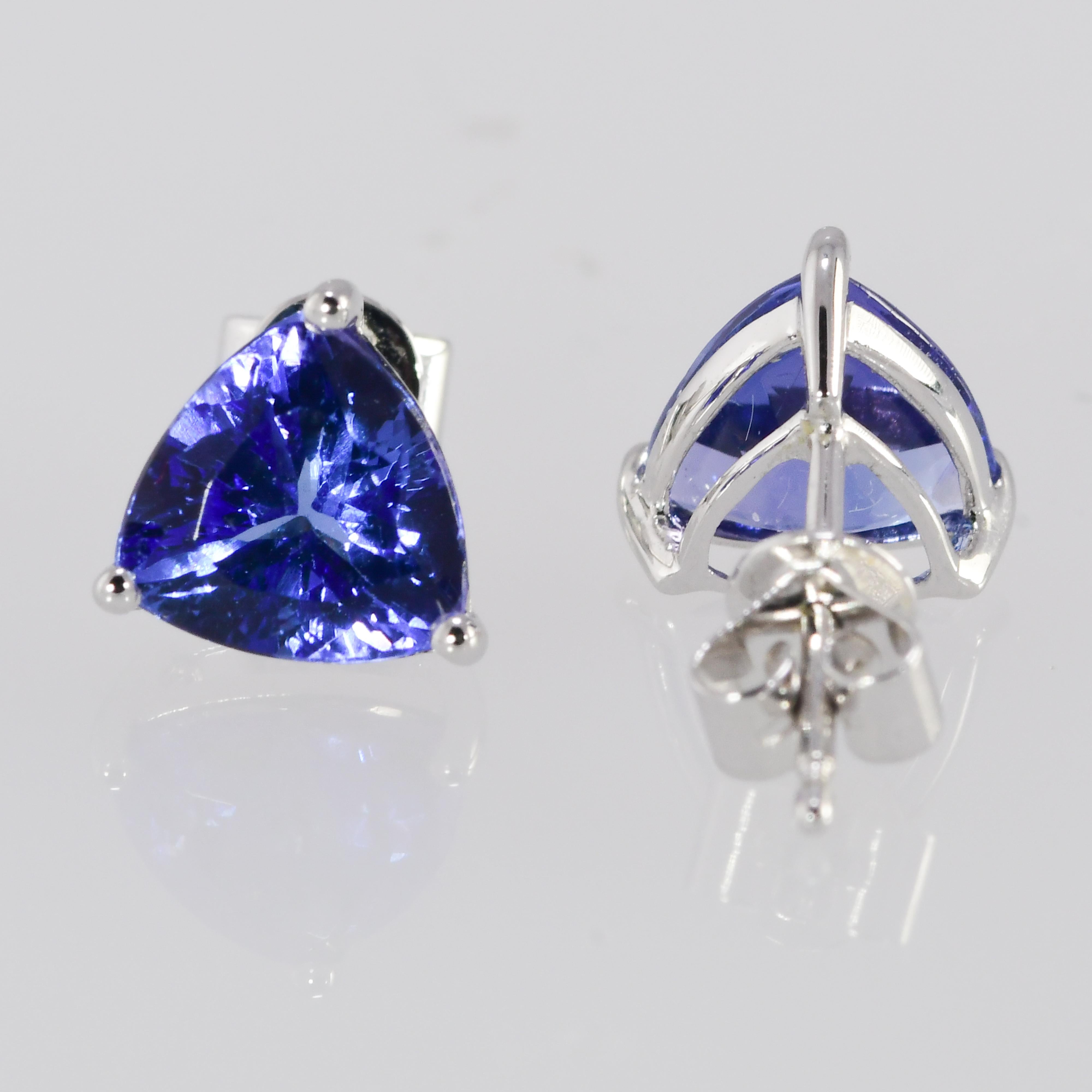 Trillion Cut 2.6 Carat TW Perfectly Matched Gem Quality Tanzanite Solitaire Earrings 14K WG