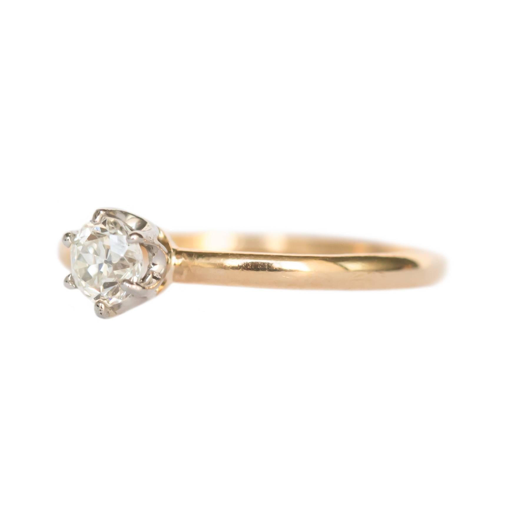 Item Details: 
Ring Size: 5.5
Metal Type: 18 Karat Yellow Gold  and Platinum
Weight: 1.6 grams

Center Diamond Details
Shape: Old European 
Carat Weight: .26 Carat 
Color: F
Clarity: VS1


Finger to Top of Stone Measurement: 4.50mm