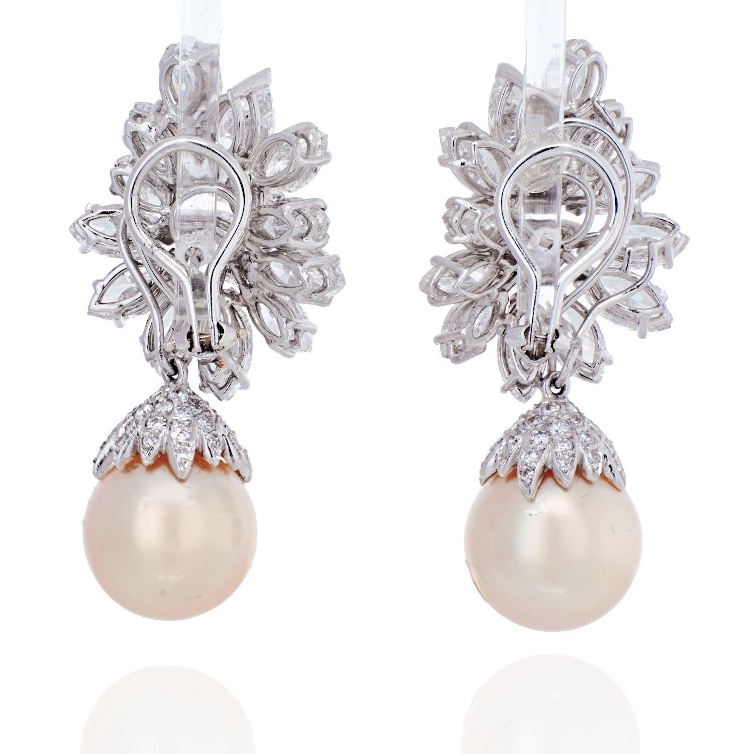 Modern 26 Carats Diamond Cluster and Pearl Drop Platinum Earrings