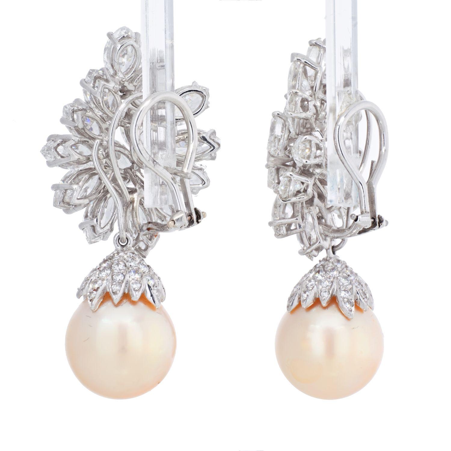 Marquise Cut 26 Carats Diamond Cluster and Pearl Drop Platinum Earrings