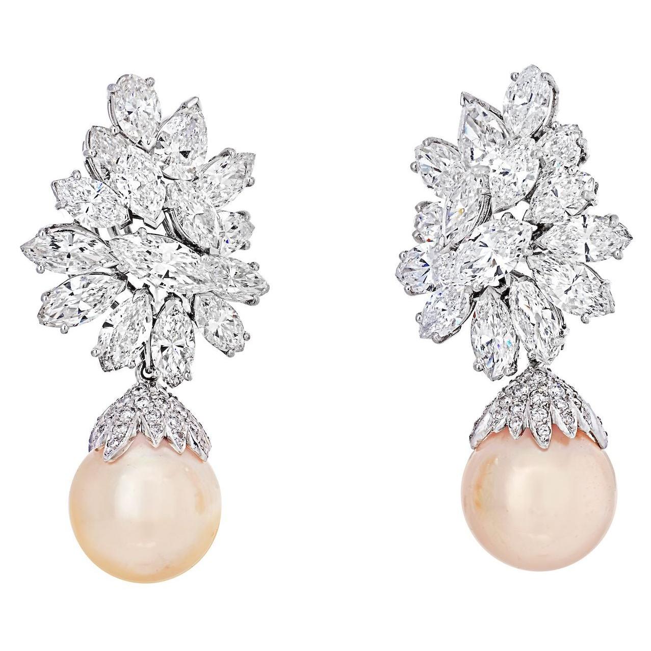 26 Carats Diamond Cluster and Pearl Drop Platinum Earrings