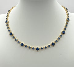 26 Carats of Big & Small Blue Sapphire Round Chain Necklace in 18K Yellow Gold