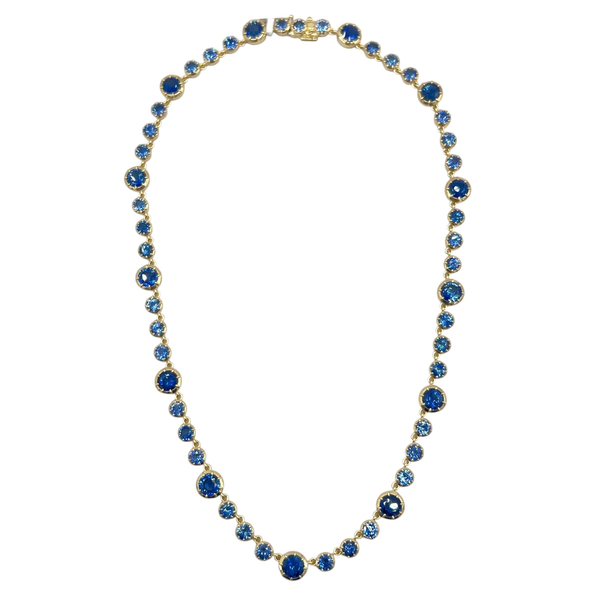 26 Carats of Big & Small Blue Sapphire Round Chain Necklace in 18K Yellow Gold