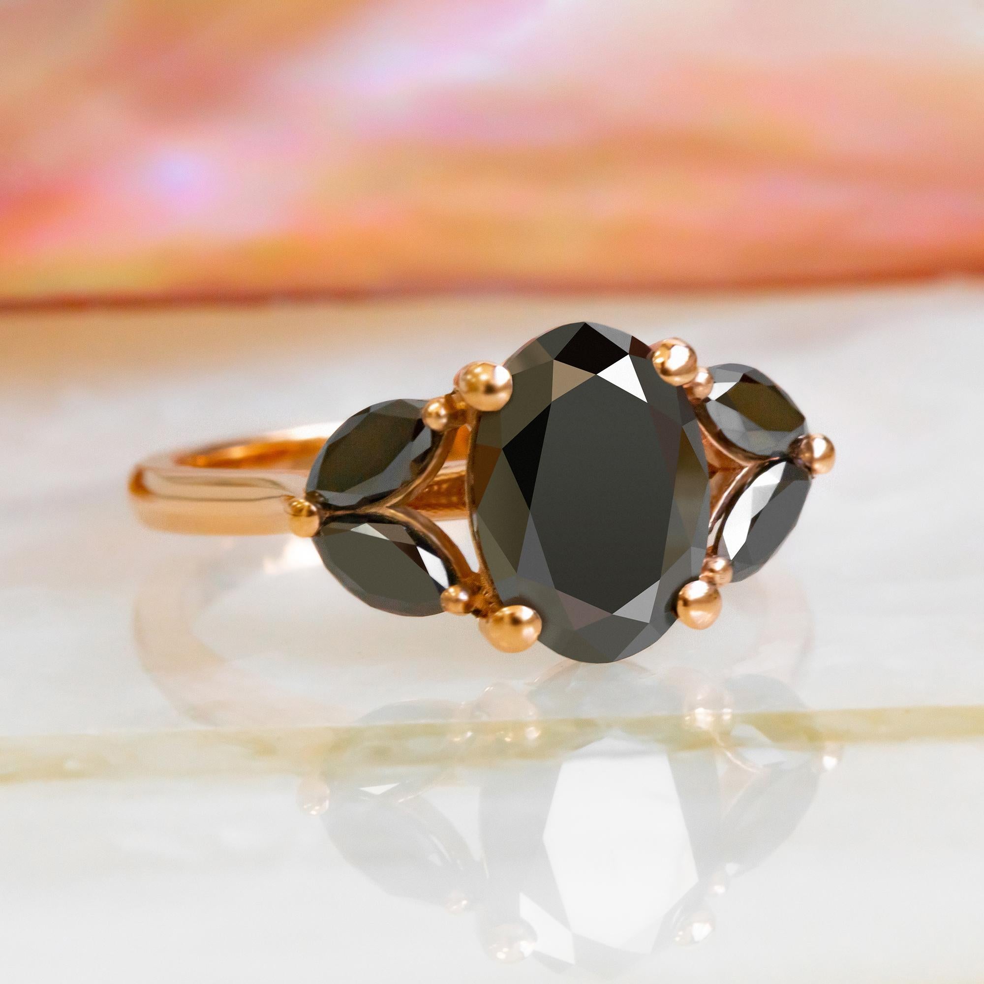 2.6 Carats Oval & Marquise Cut Black Diamond Floral Art Deco Ring 14k Rose Gold In New Condition For Sale In רמת גן, IL