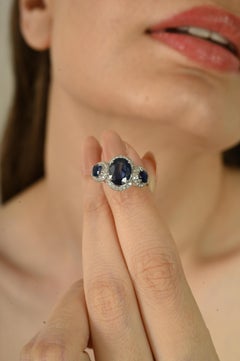 2.6 Ct Deep Blue Sapphire and Diamond Three-Stone Ring in 14K White Gold Jewelry