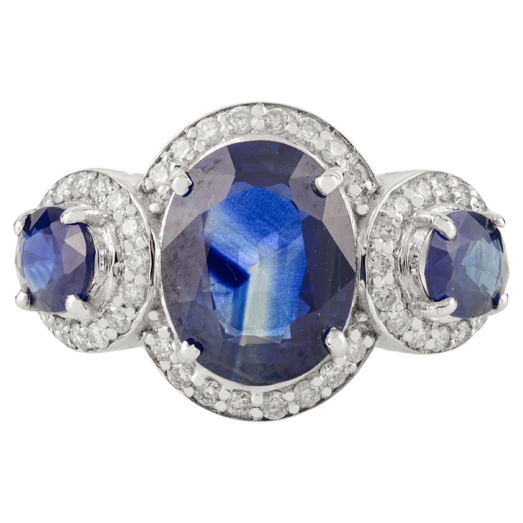 2.6 Ct Deep Blue Sapphire and Diamond Three-Stone Ring in 14K White Gold Jewelry