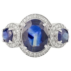 2.6 Ct Deep Blue Sapphire and Diamond Three-Stone Ring in 14K White Gold Jewelry