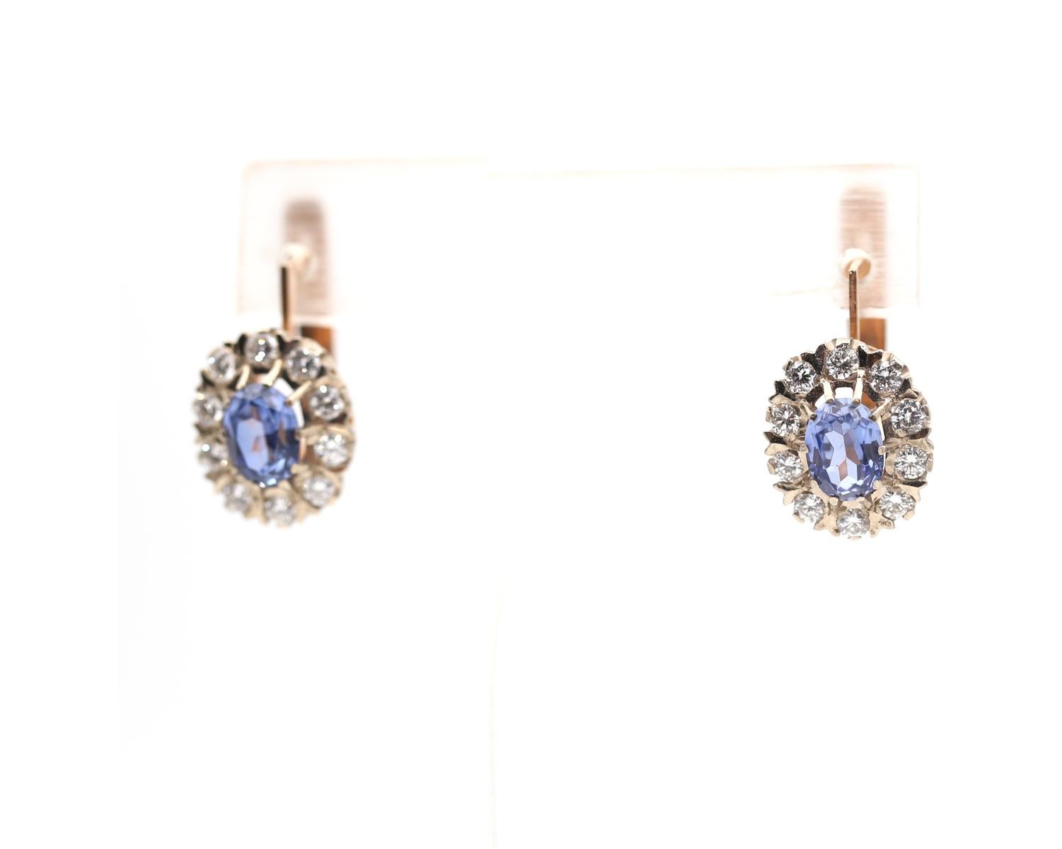 Round Cut 2.6 Ct Diamonds Sapphires Gold Earring 14K, 1960
