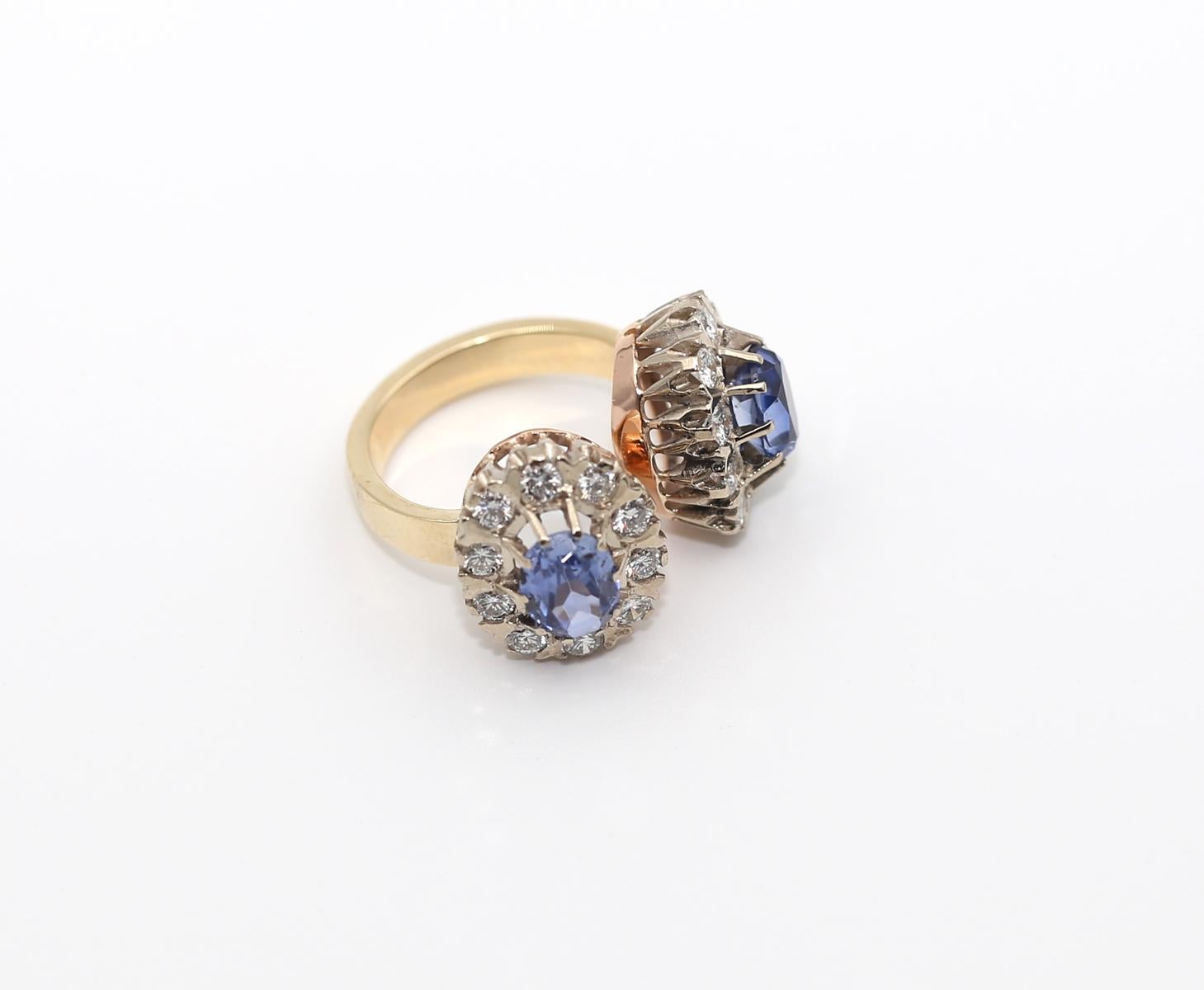 2.6 Ct Diamonds Sapphires Gold Twin Ring 14K Boxed, 1960 3