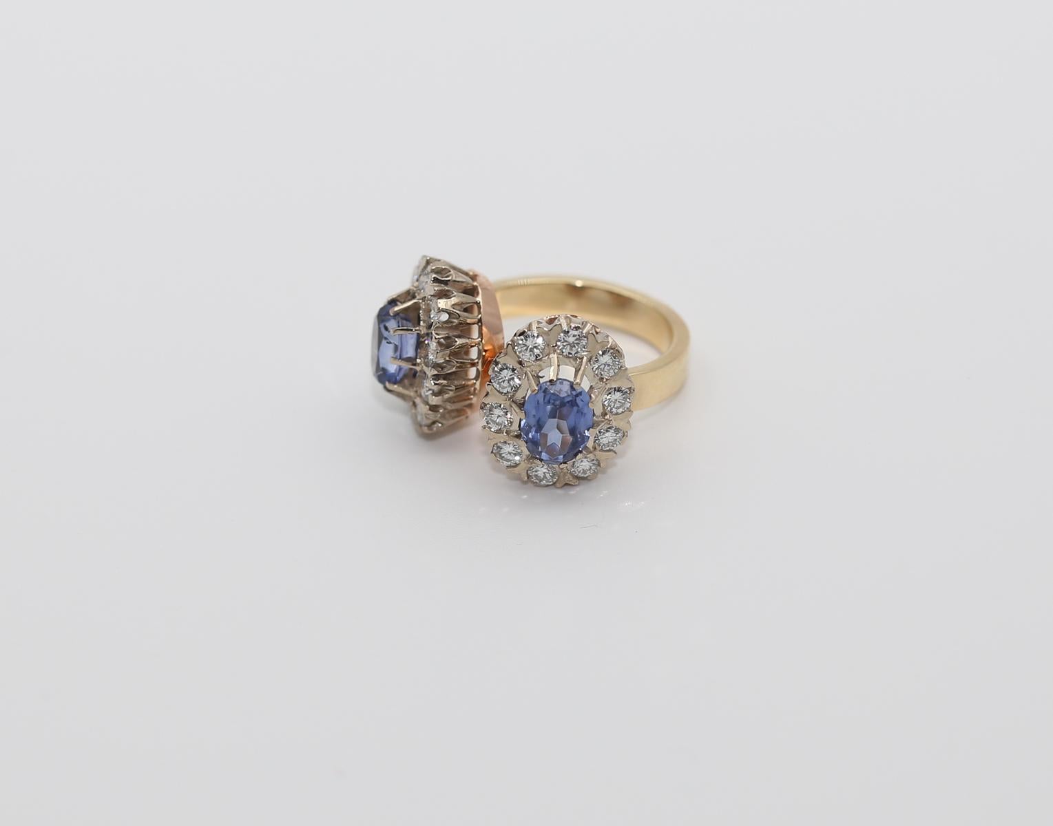 2.6 Ct Diamonds Sapphires Gold Twin Ring 14K Boxed, 1960 4