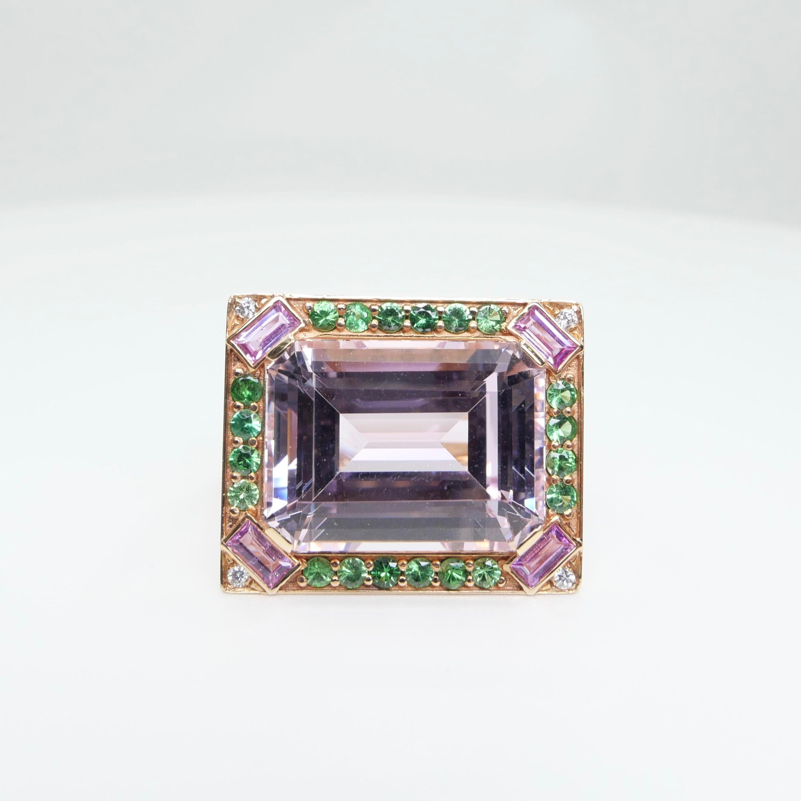 26 Cts Kunzite, Pink Sapphires, Tsavorite & Diamond Ring. XXL Statement Piece. For Sale 6