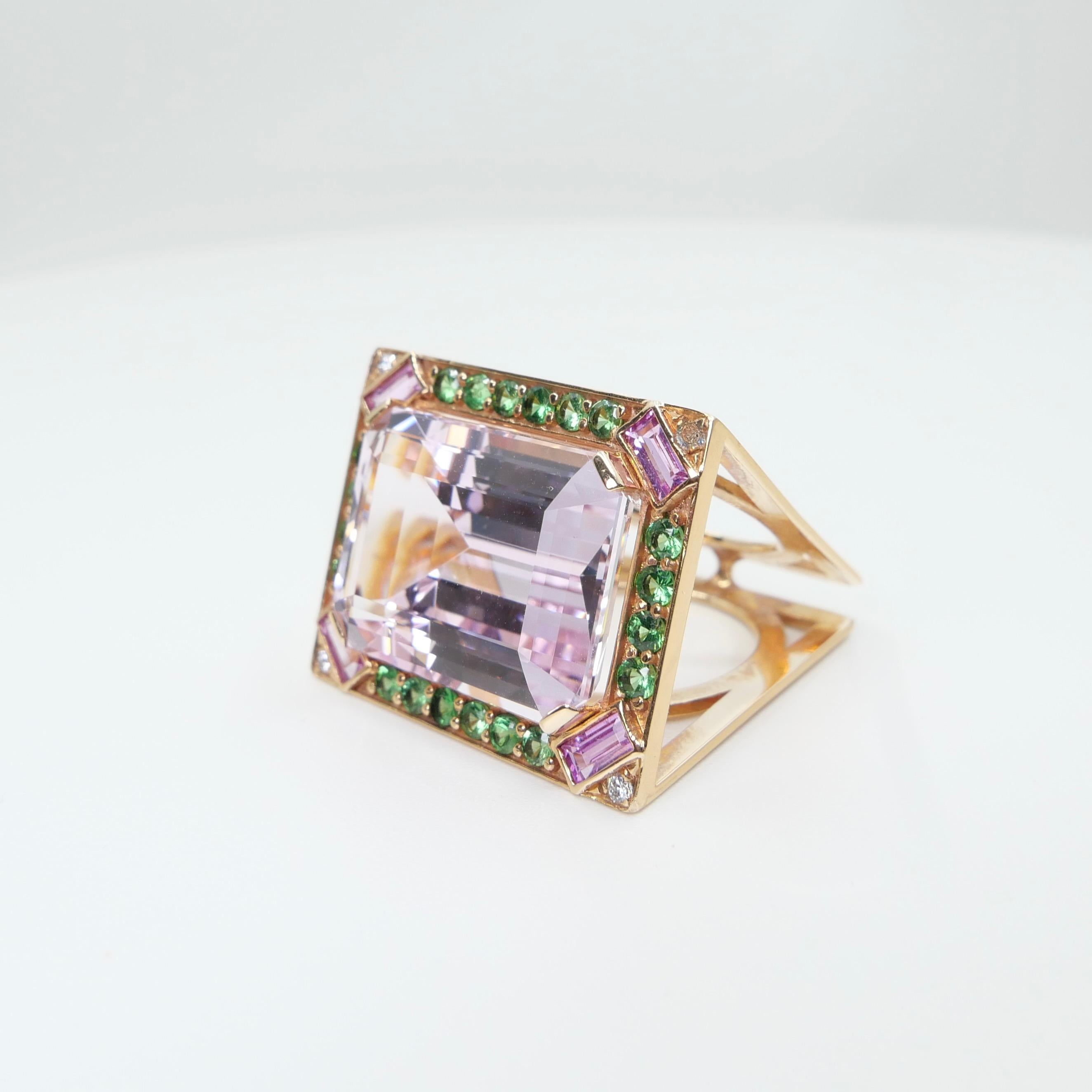 26 Cts Kunzite, Pink Sapphires, Tsavorite & Diamond Ring. XXL Statement Piece. For Sale 7