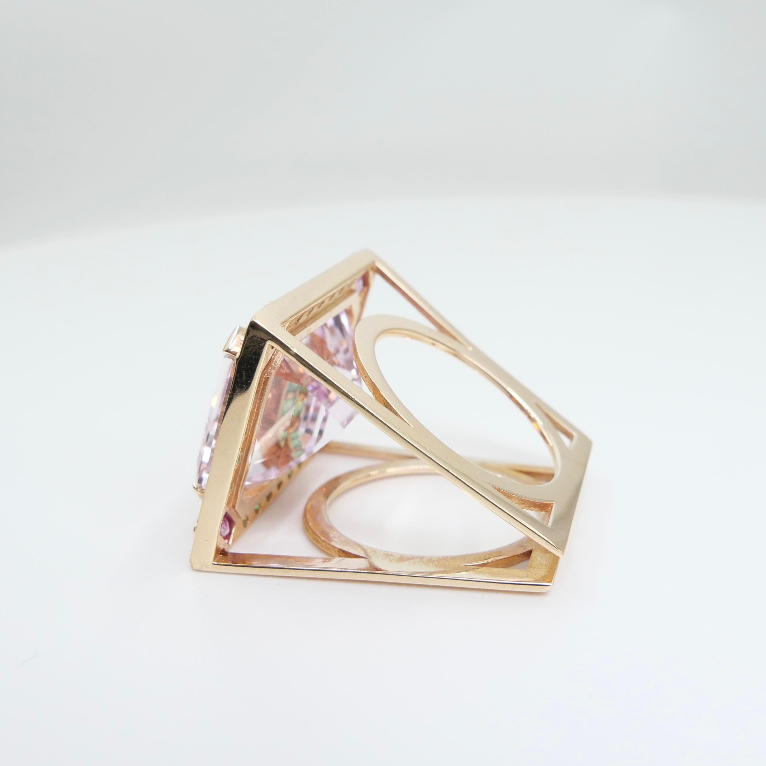 26 Cts Kunzite, Pink Sapphires, Tsavorite & Diamond Ring. XXL Statement Piece. For Sale 8