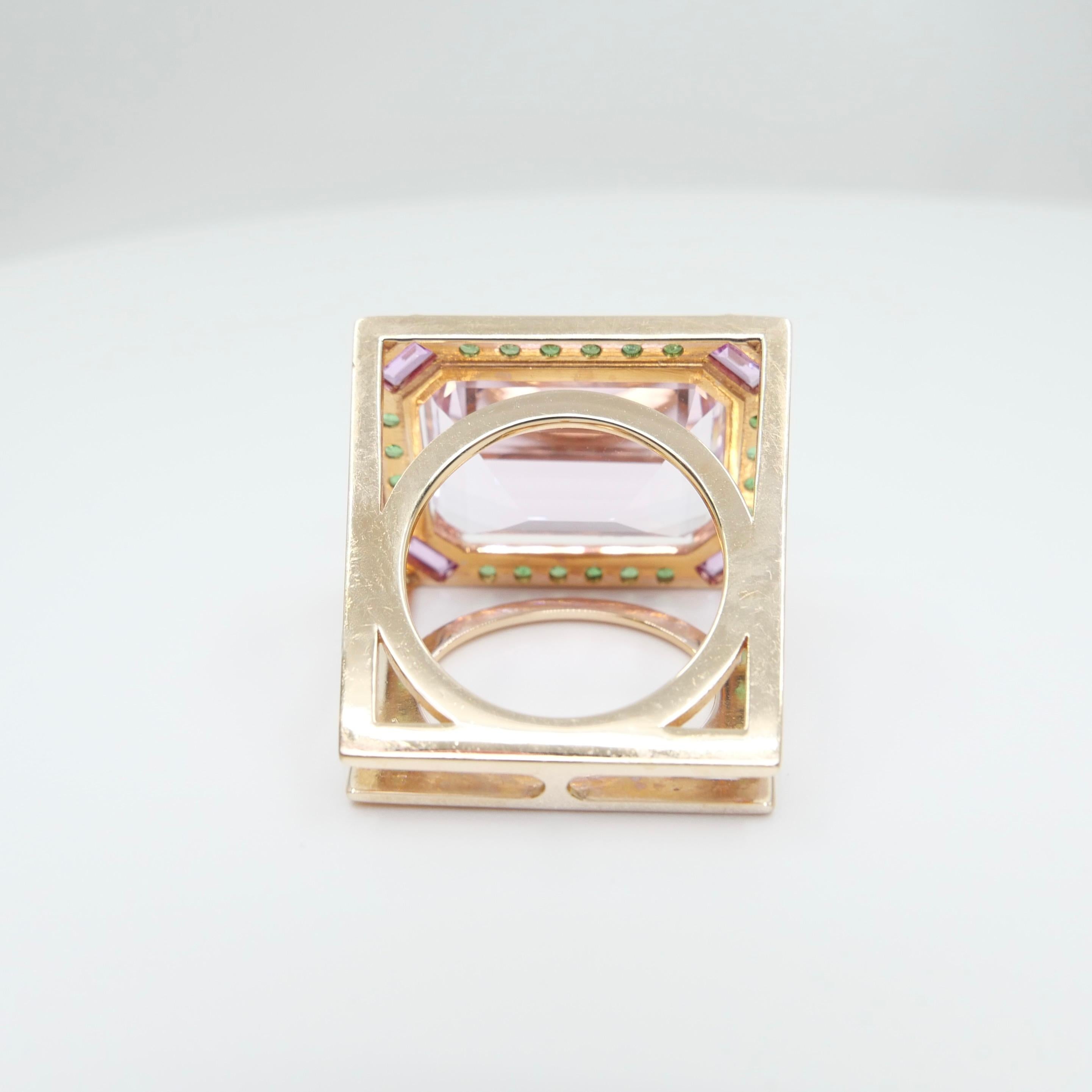 26 Cts Kunzite, Pink Sapphires, Tsavorite & Diamond Ring. XXL Statement Piece. For Sale 9