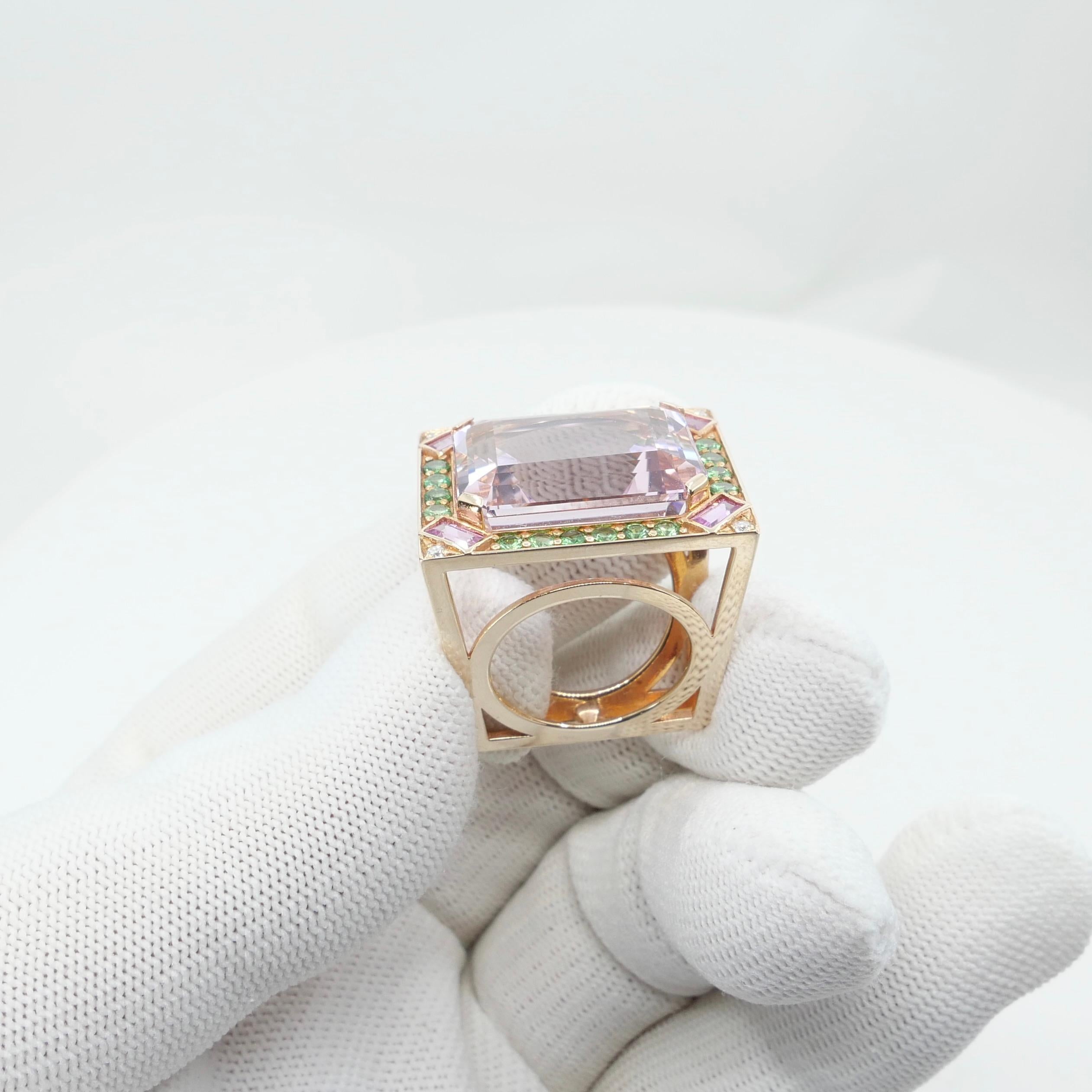 26 Cts Kunzite, Pink Sapphires, Tsavorite & Diamond Ring. XXL Statement Piece. For Sale 10