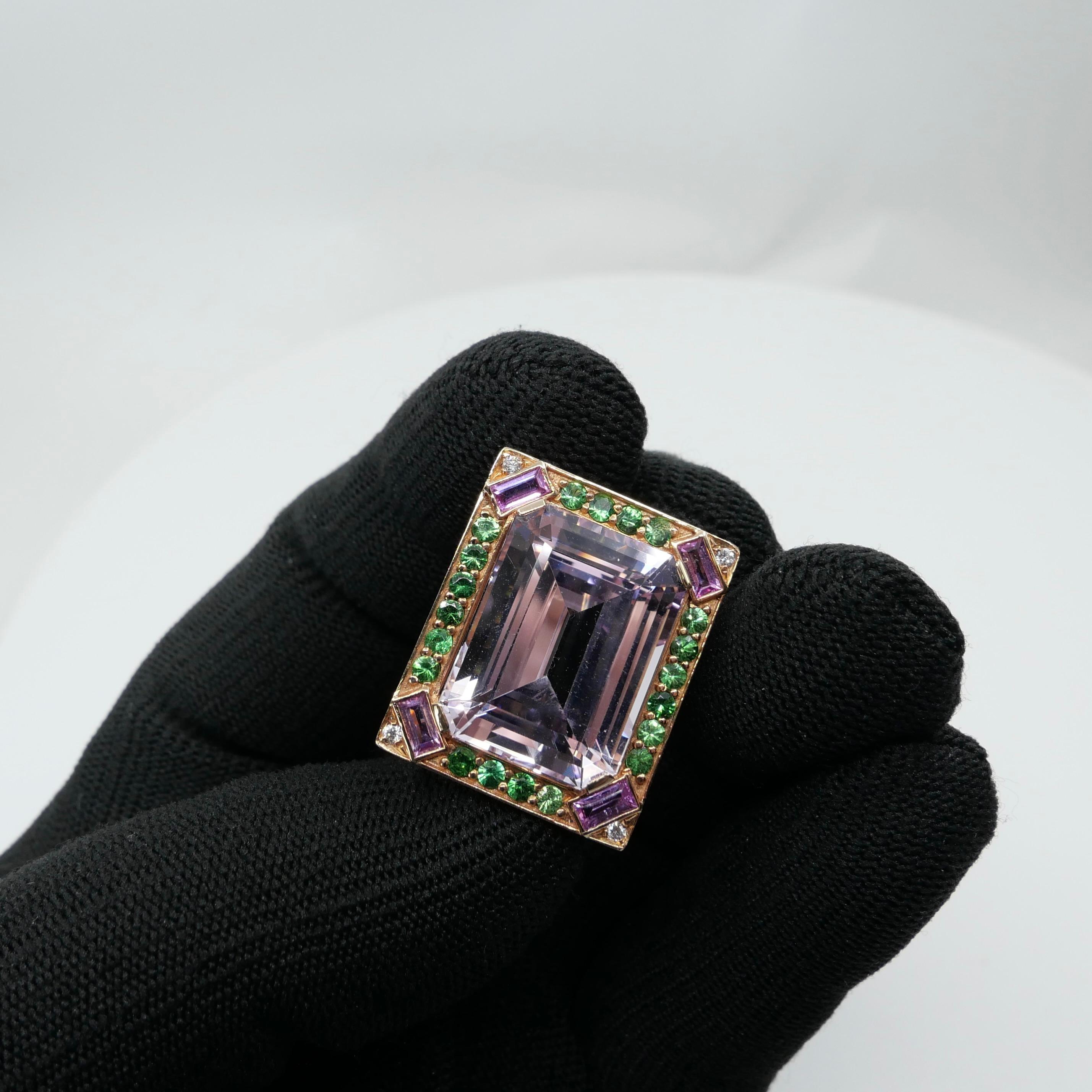 26 Cts Kunzite, Pink Sapphires, Tsavorite & Diamond Ring. XXL Statement Piece. For Sale 11
