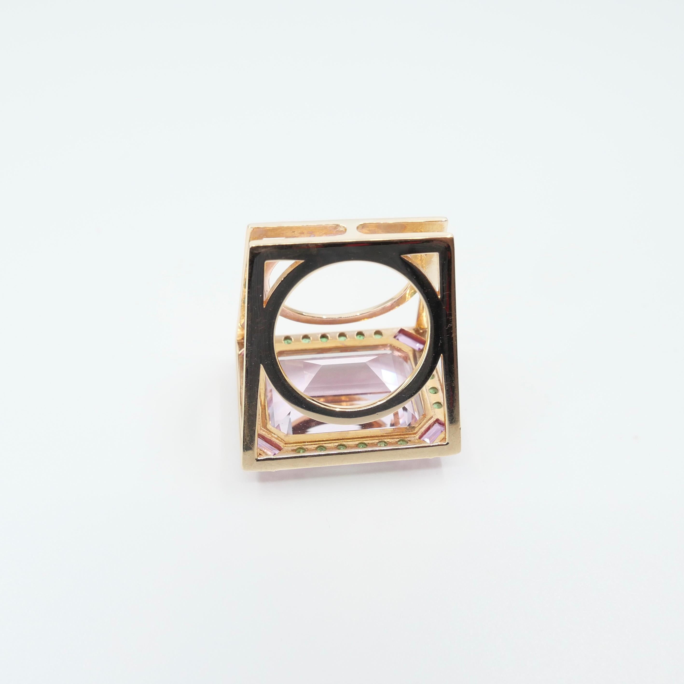 26 Cts Kunzite, Pink Sapphires, Tsavorite & Diamond Ring. XXL Statement Piece. For Sale 13