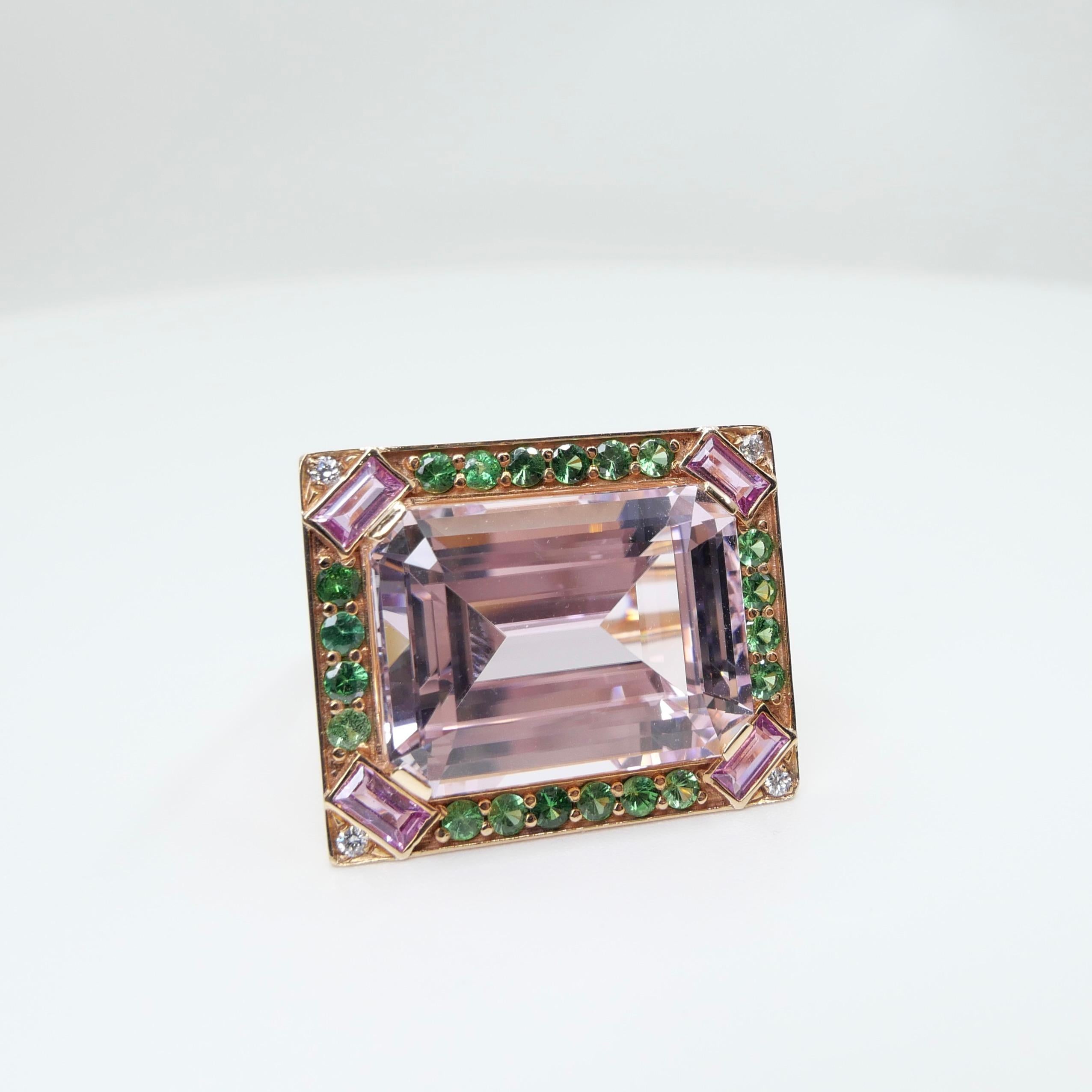 26 Cts Kunzite, Pink Sapphires, Tsavorite & Diamond Ring. XXL Statement Piece. For Sale 14